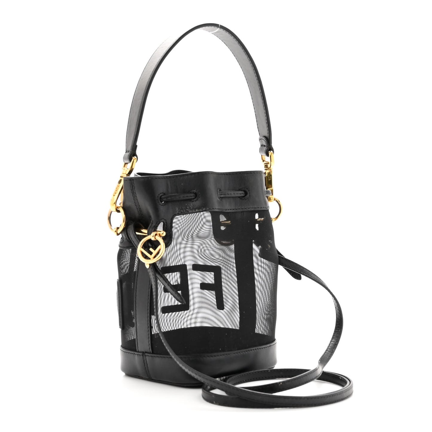 Mesh Vitello King F is Fendi Logo Embroidered Mini Mon Tresor Bucket Bag Black