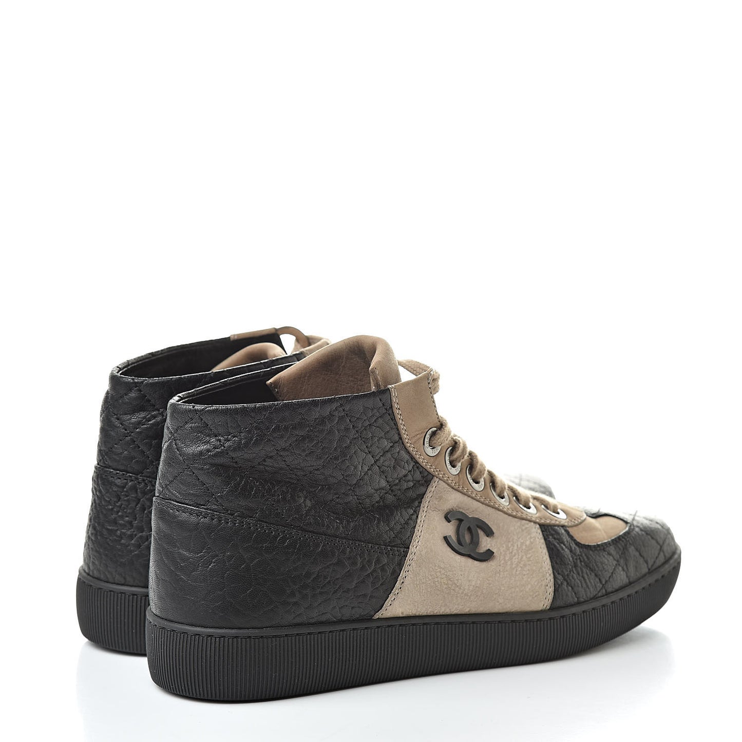 Washed Lambskin Quilted Lace Up CC Sneakers 39.5 Black Beige
