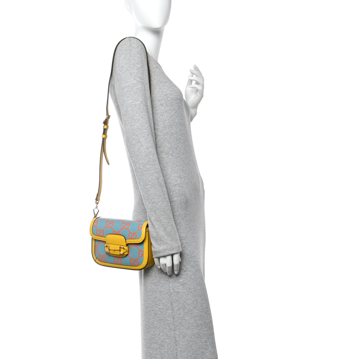 Azalea Calfskin GG Monogram Bi-Color Debossed Mini Horsebit 1955 Shoulder Bag Dusty Azure Stone Topaz Deep Orange