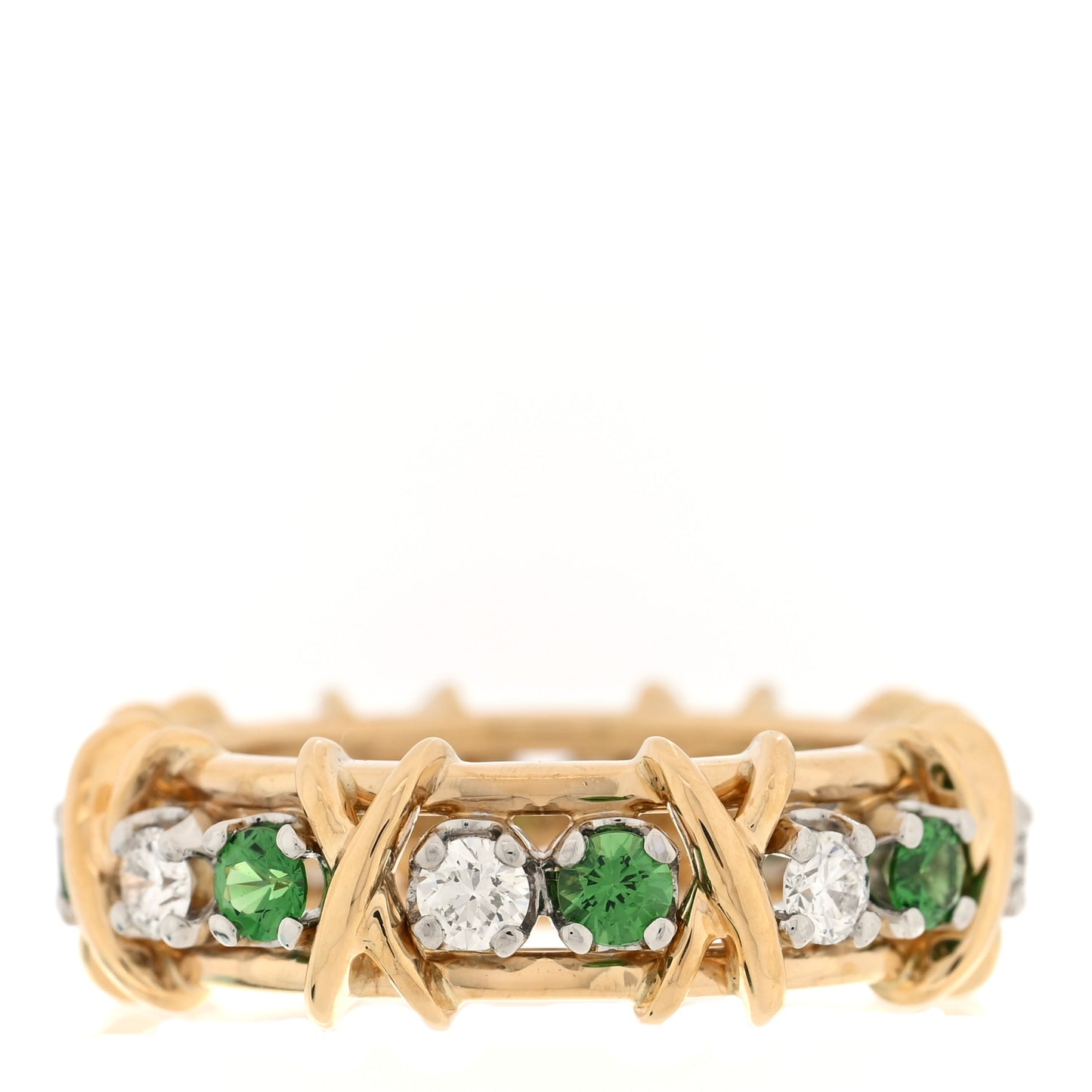 18K Yellow Gold Platinum Diamond Tsavorite Schlumberger Sixteen Stone Ring 55 7.25