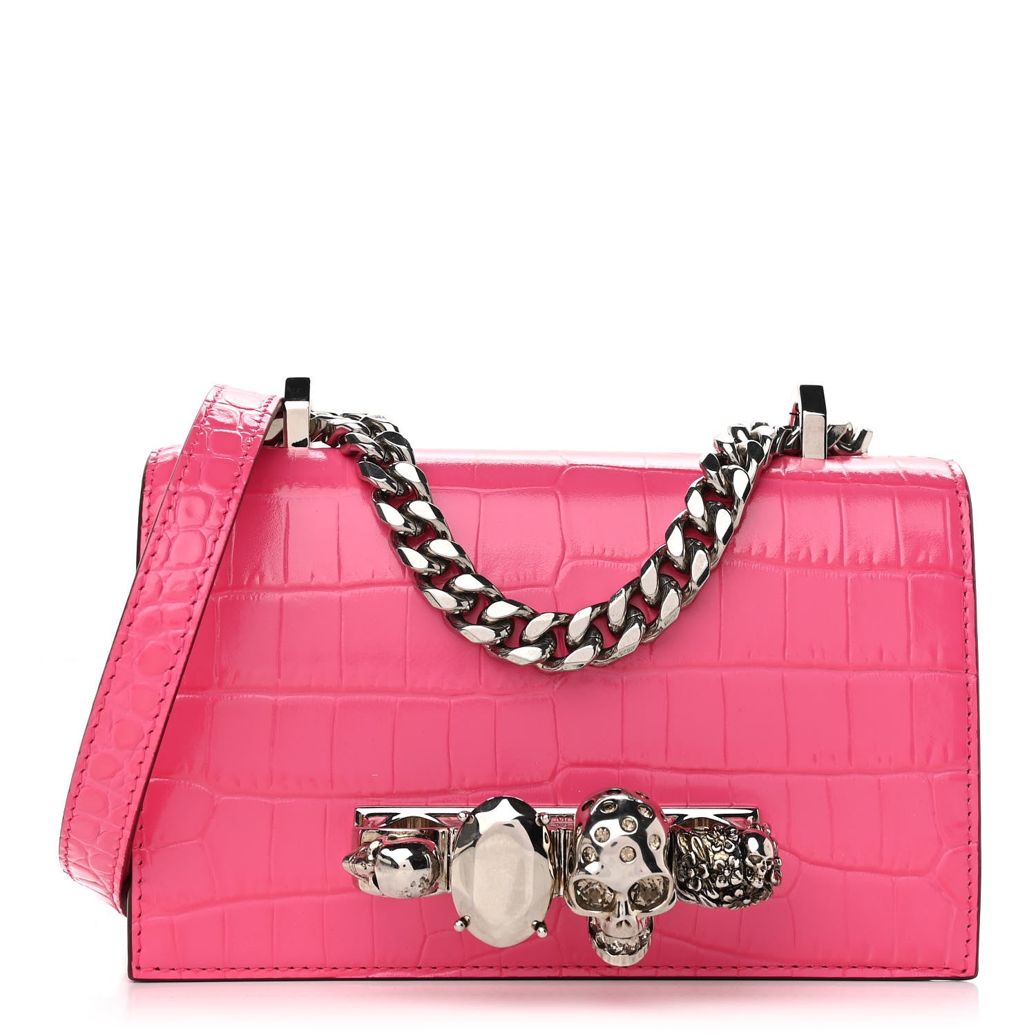 Alexander McQueen Shiny Crocodile Embossed Jeweled Satchel Peony Pink 1 of 11