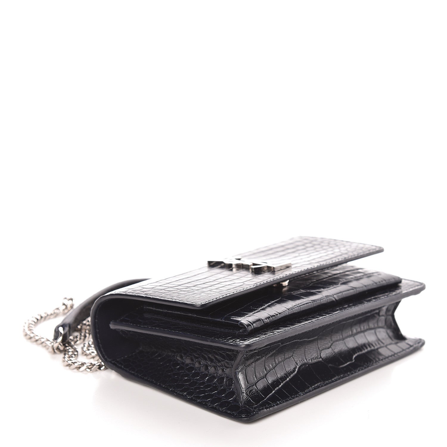 Saint Laurent Calfskin Crocodile Embossed Monogram Sunset Chain Wallet Navy 4 of 10