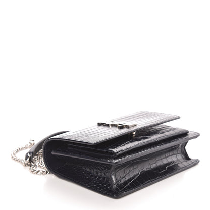 Saint Laurent Calfskin Crocodile Embossed Monogram Sunset Chain Wallet Navy 4 of 10