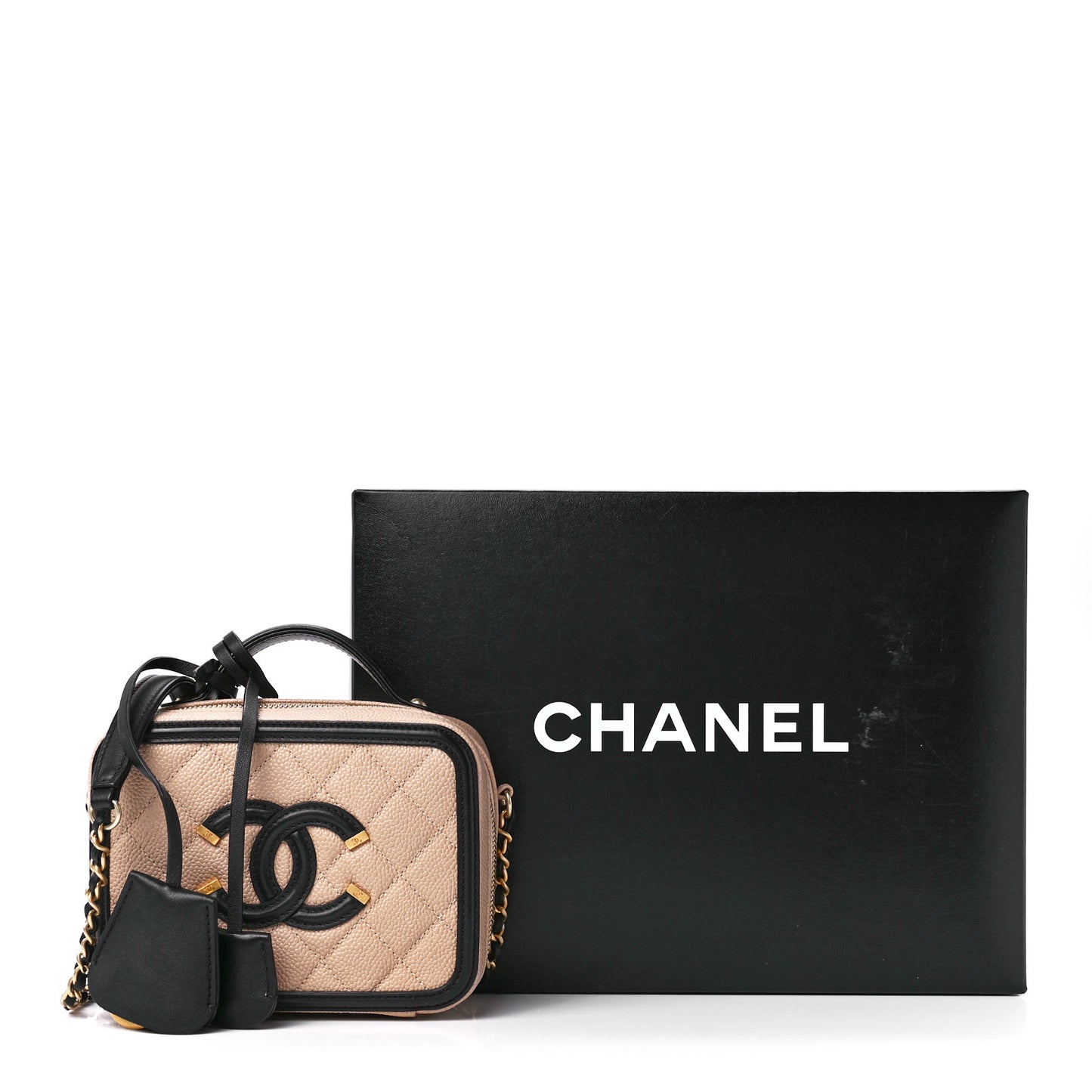 Caviar Quilted Small CC Filigree Vanity Case Beige Black