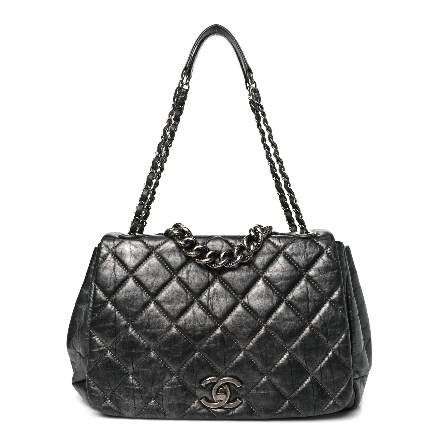 Metallic Aged Calfskin Quilted Large Pondichery Flap Dark Grey