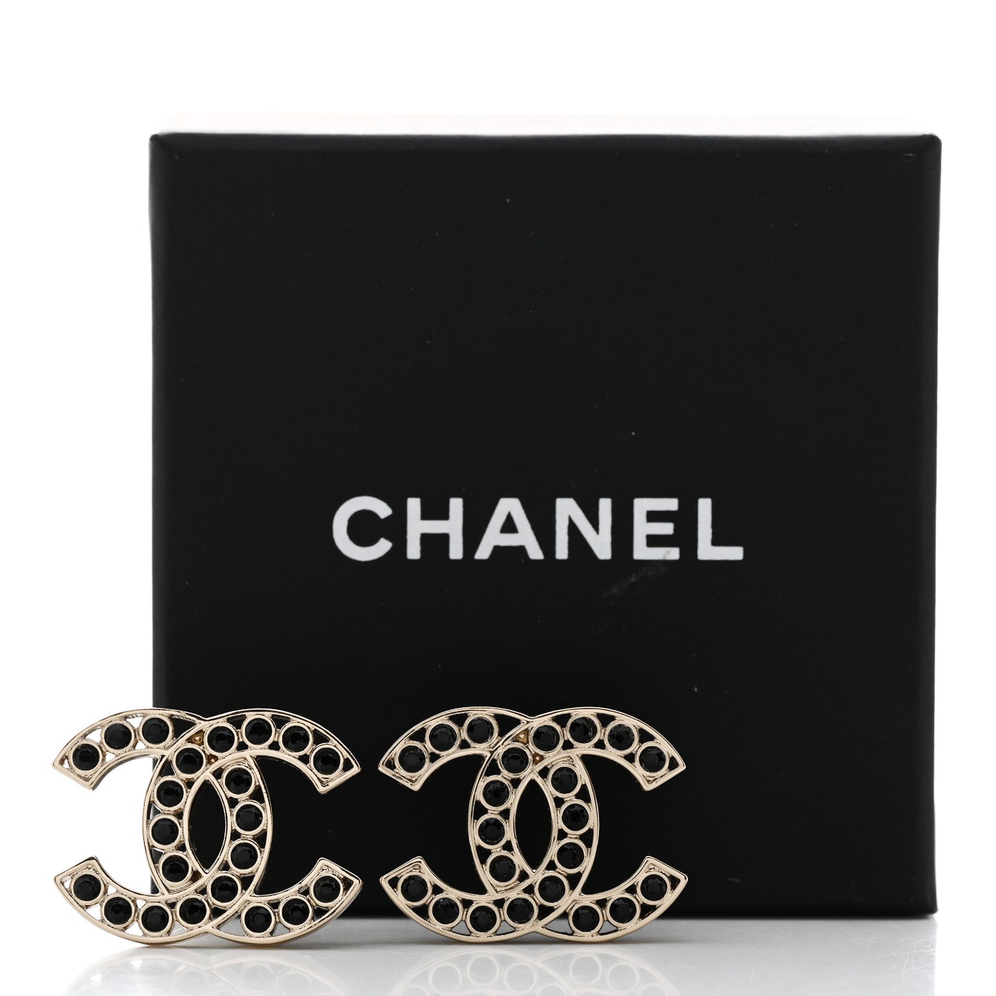 Large Strass Crystal CC Earrings Black Gold