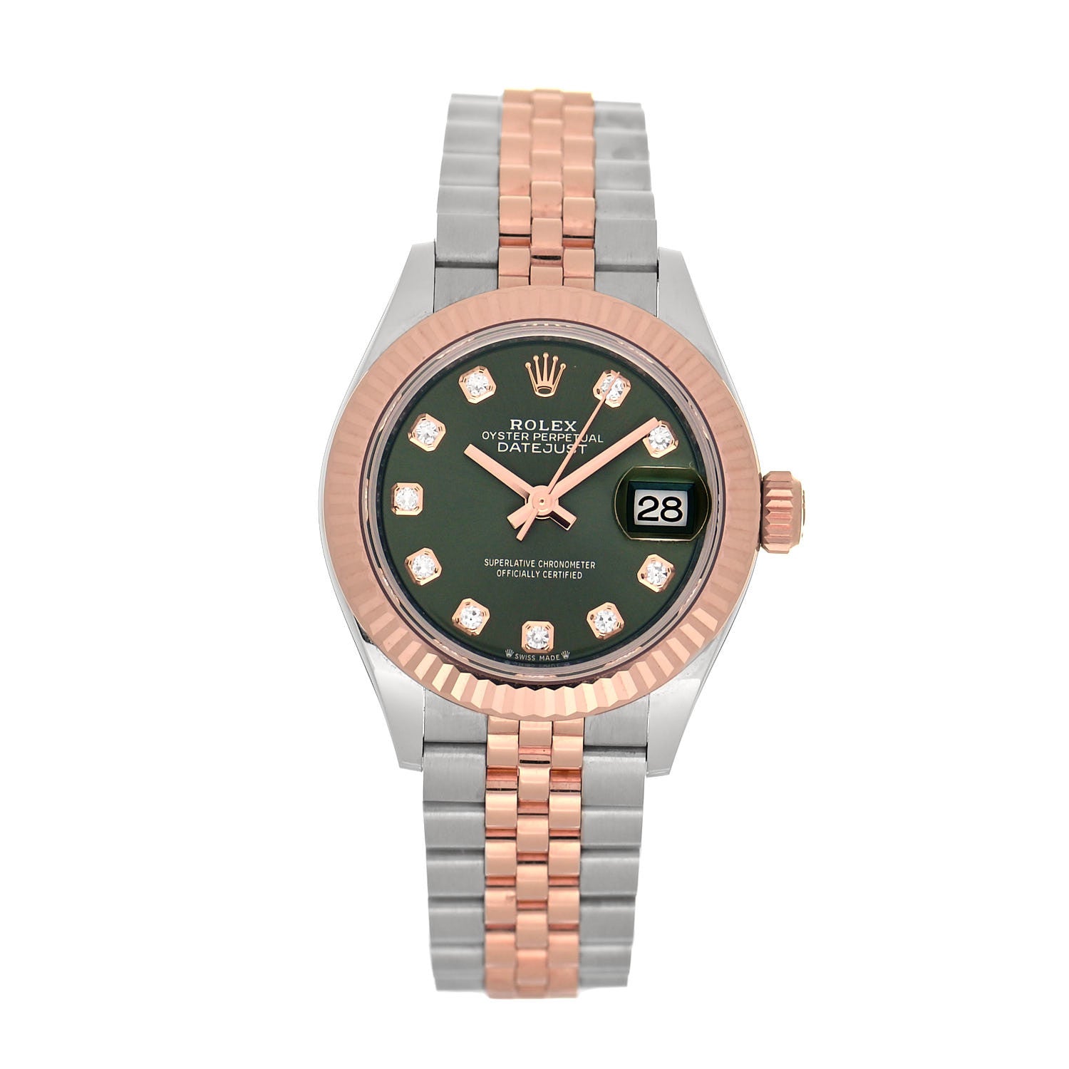 Rolex Stainless Steel 18K Everose Gold Diamond 28mm Oyster Perpetual Datejust Watch Green 279171 1 of 5