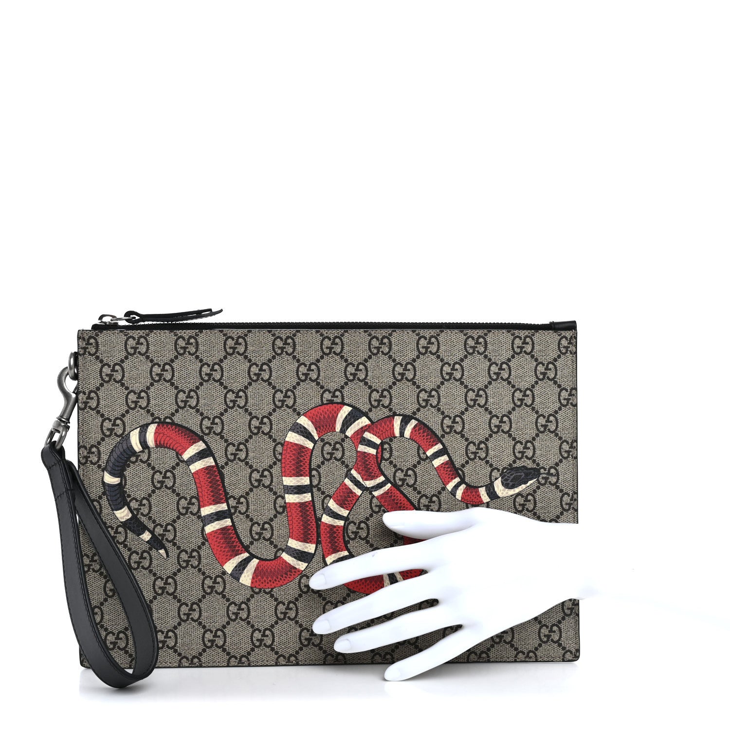 Gucci GG Supreme Monogram Kingsnake Zip Wristlet Pouch Beige Black 2 of 11