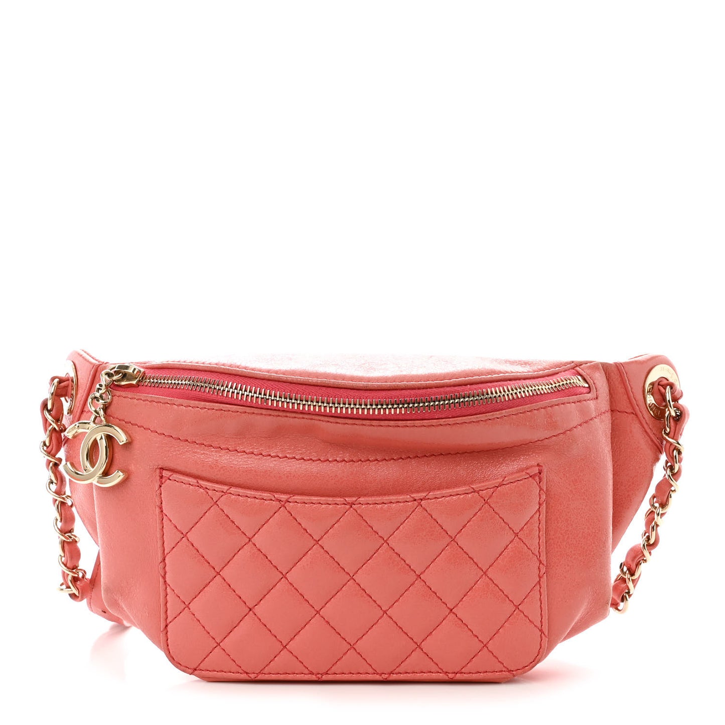 Crumpled Glazed Lambskin Quilted Waist Bag Fanny Pack Pink