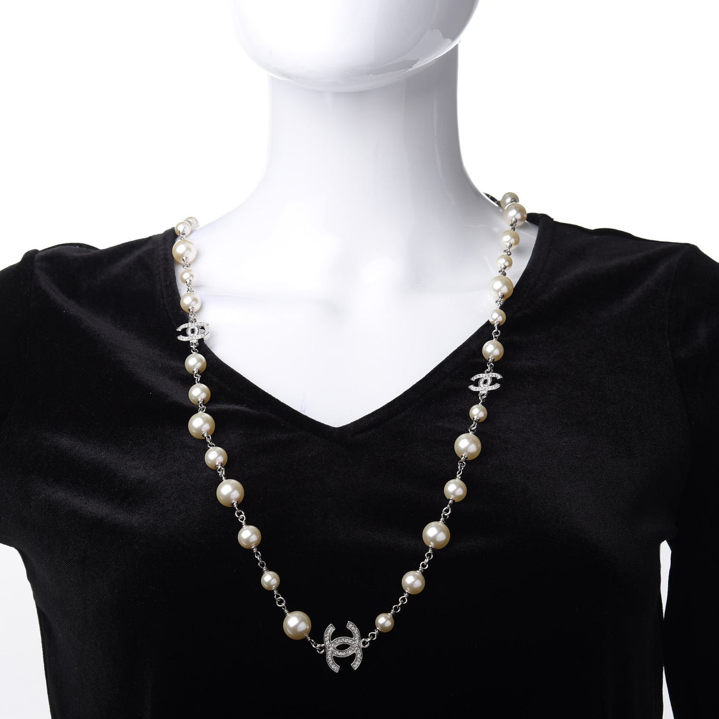 Crystal Pearl CC Long Necklace Silver