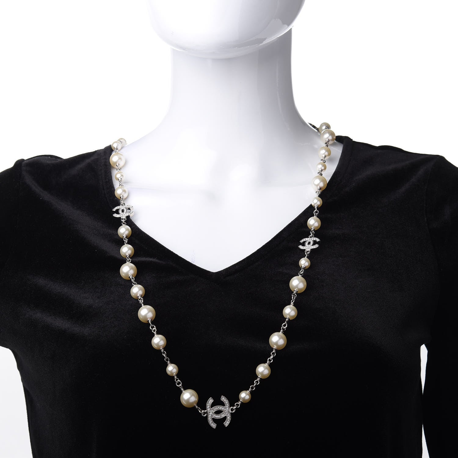 Chanel Crystal Pearl CC Long Necklace Silver 2 of 5