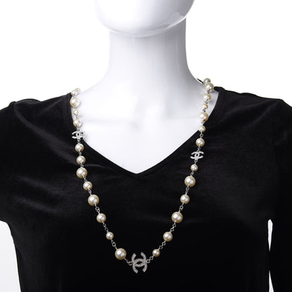 Chanel Crystal Pearl CC Long Necklace Silver 2 of 5
