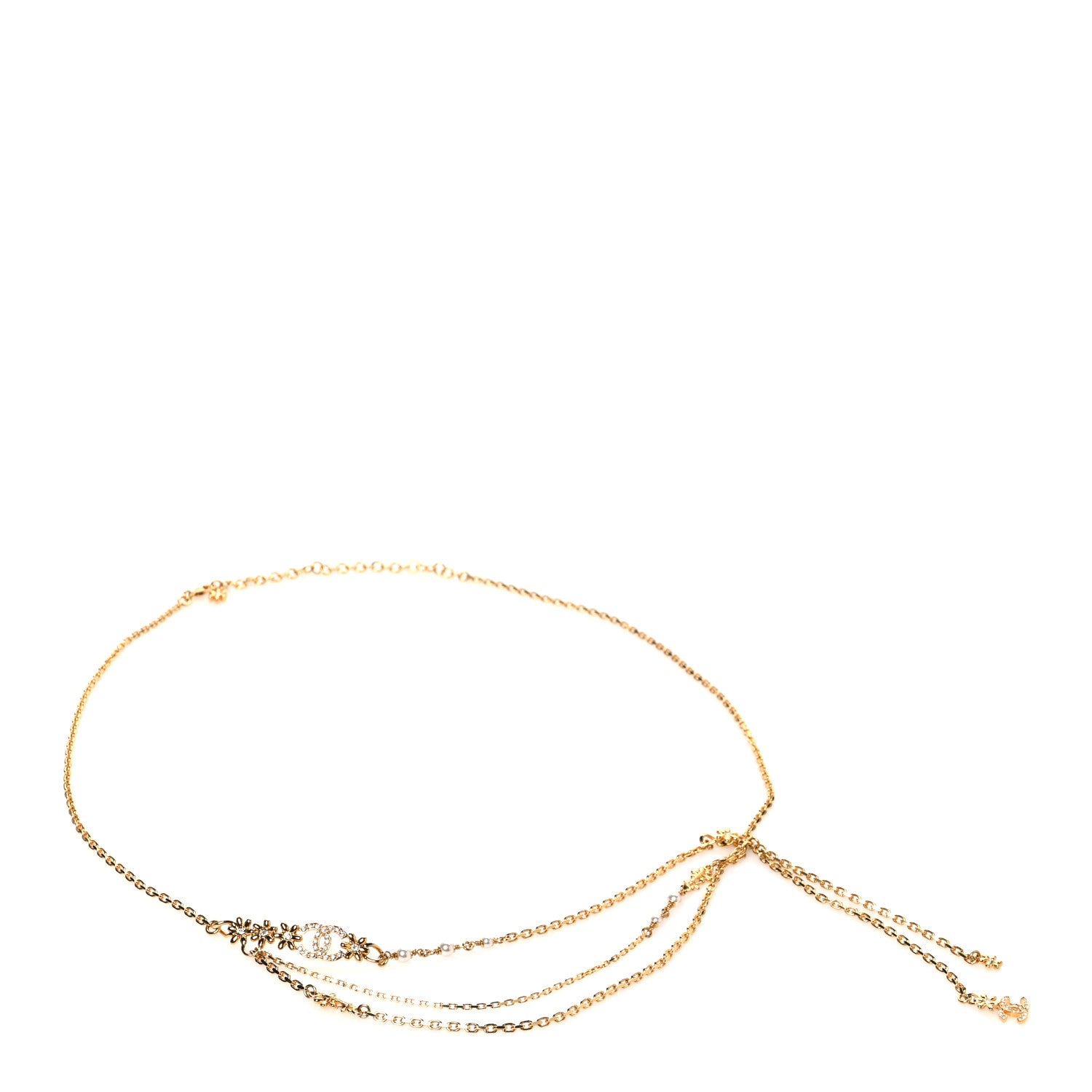 Chanel Pearl Crystal CC Flower Chain Belt 80 32 Gold White 1 of 3