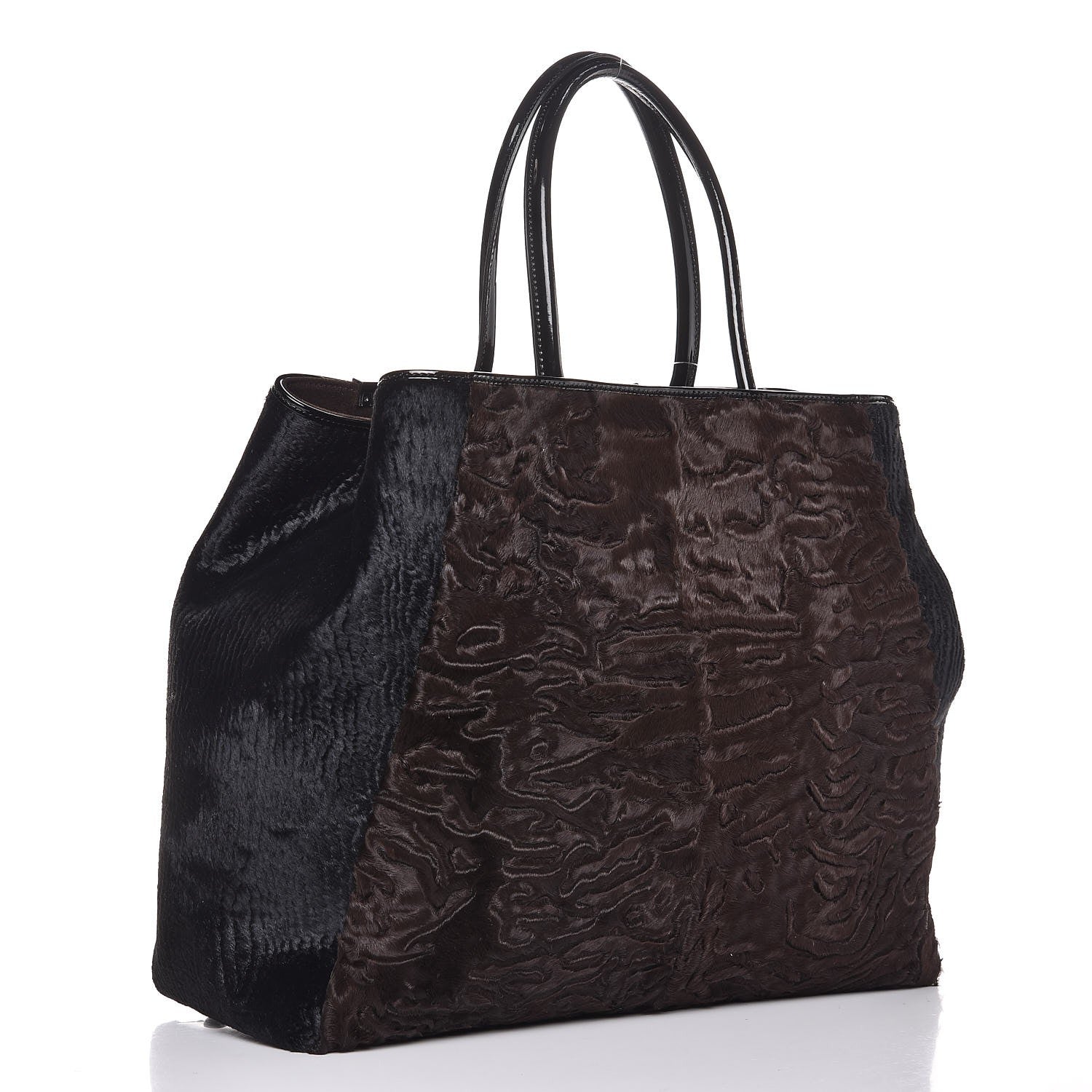 Fendi Astrakhan Shearling Patent Large 2Jours Tote Brown Black 3 of 10