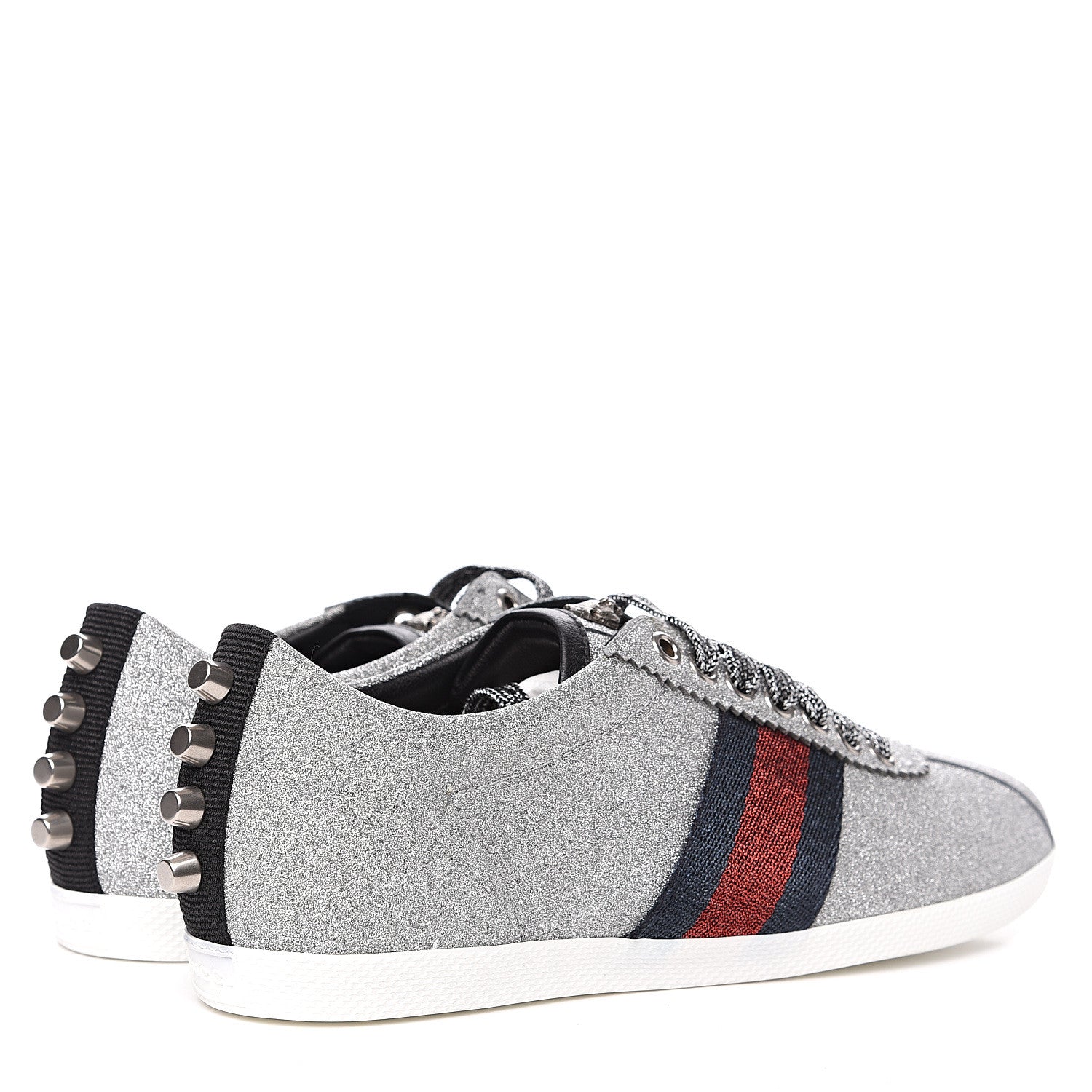 Gucci Glitter Fabric Studded Web Sneakers 37.5 Silver 4 of 10