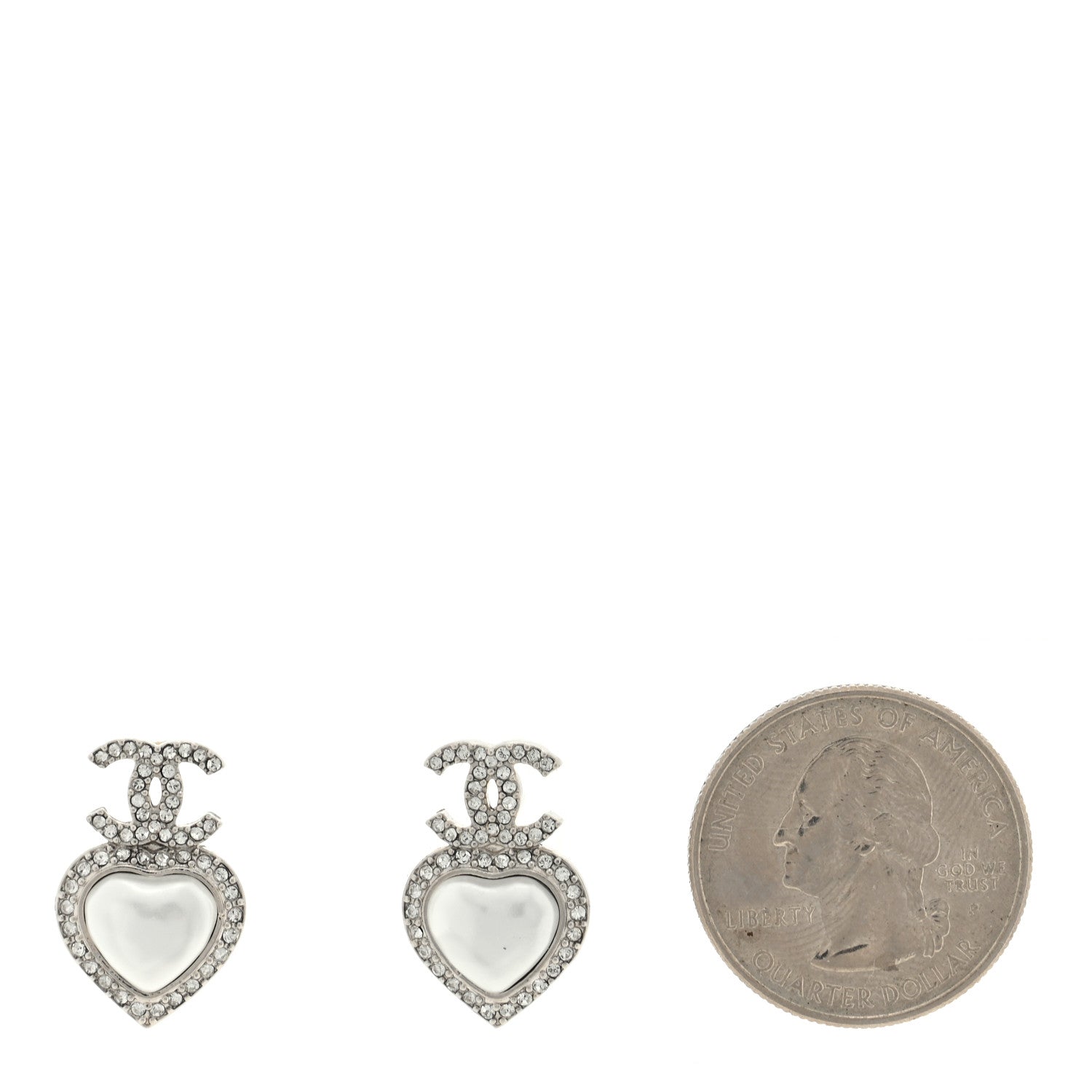 Chanel Pearl Crystal CC Heart Drop Earrings Silver 2 of 4