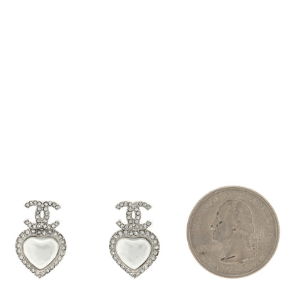 Chanel Pearl Crystal CC Heart Drop Earrings Silver 2 of 4