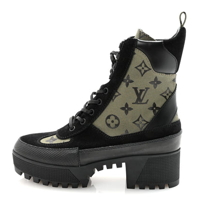 Louis Vuitton Suede Monogram Laureate Platform Desert Boots 37 Kaki Black 1 of 10
