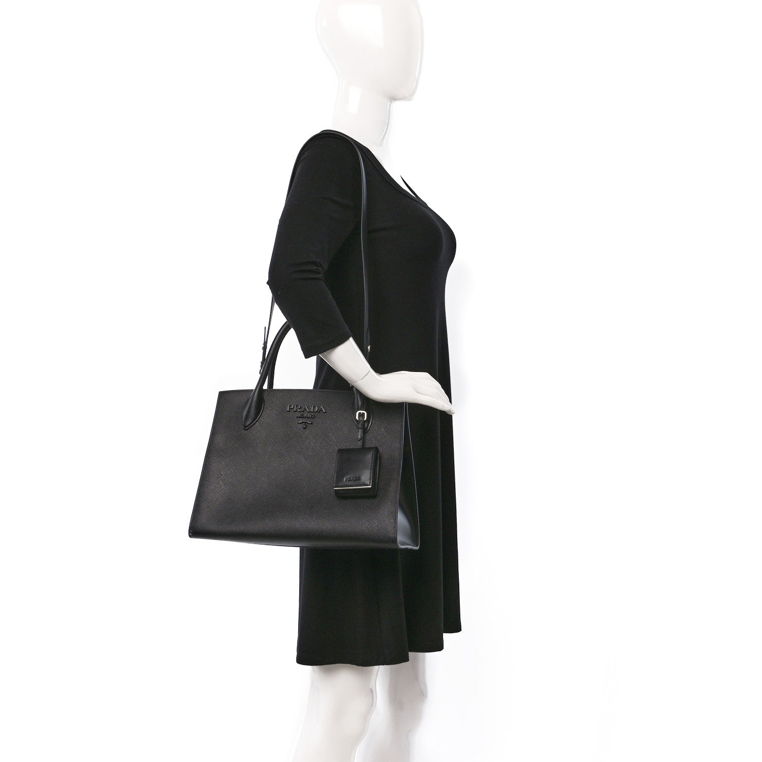Prada Saffiano Cuir Calfskin Medium Monochrome Top Handle Tote Black 2 of 9