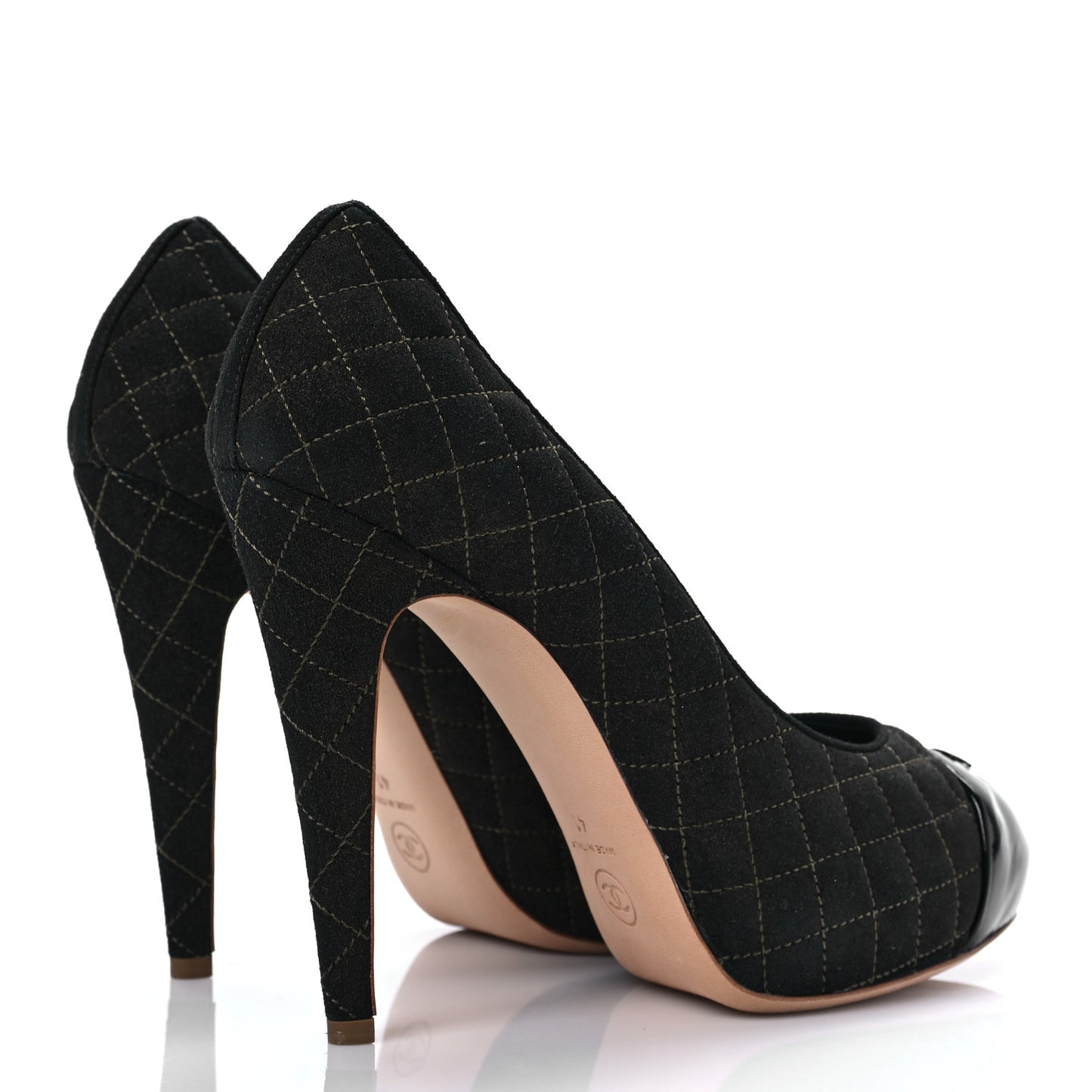 Wool Patent Quilted CC Cap Toe Pumps 41 Black