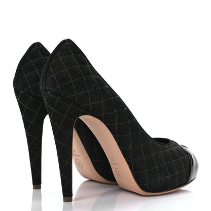 Chanel Wool Patent Quilted CC Cap Toe Pumps 41 Black 4 of 8
