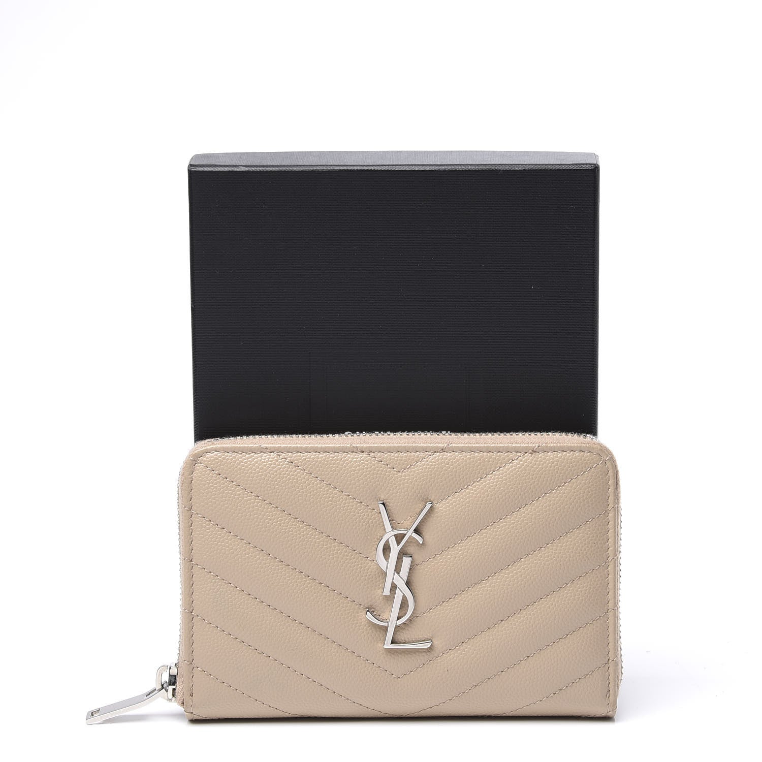 Saint Laurent Grain De Poudre Matelasse Chevron Monogram Zip Around Wallet Beige 8 of 8