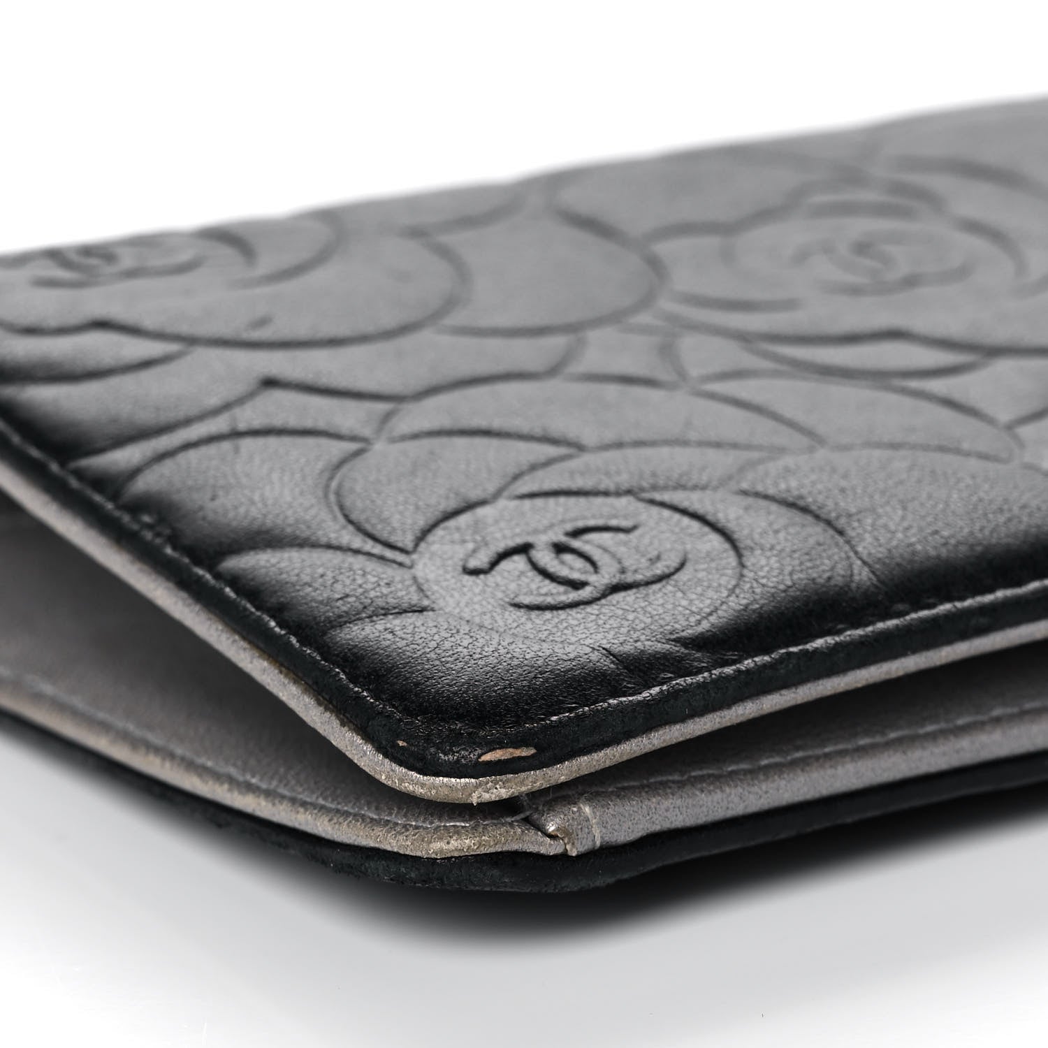 Chanel Lambskin Camellia Embossed Yen Wallet Black 9 of 14