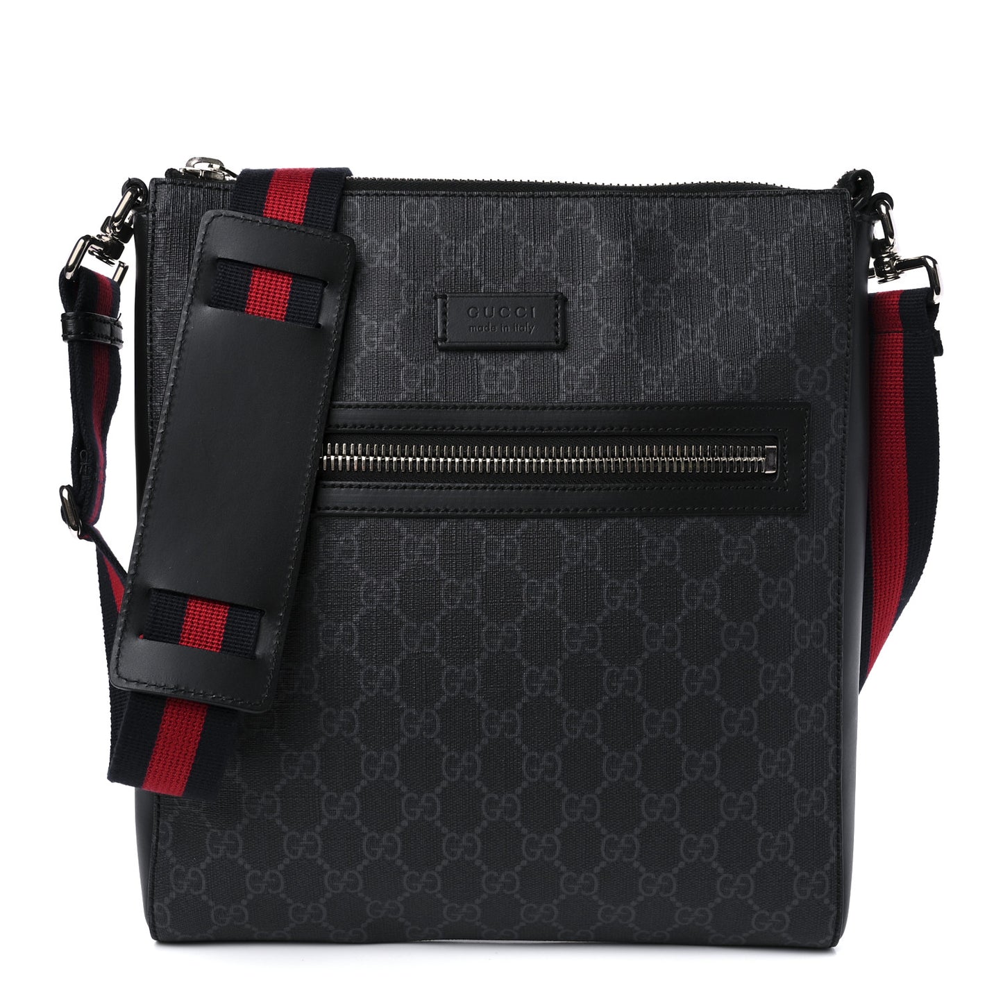 GG Supreme Monogram Appia Calfskin Web Flat Messenger Bag Black Grey