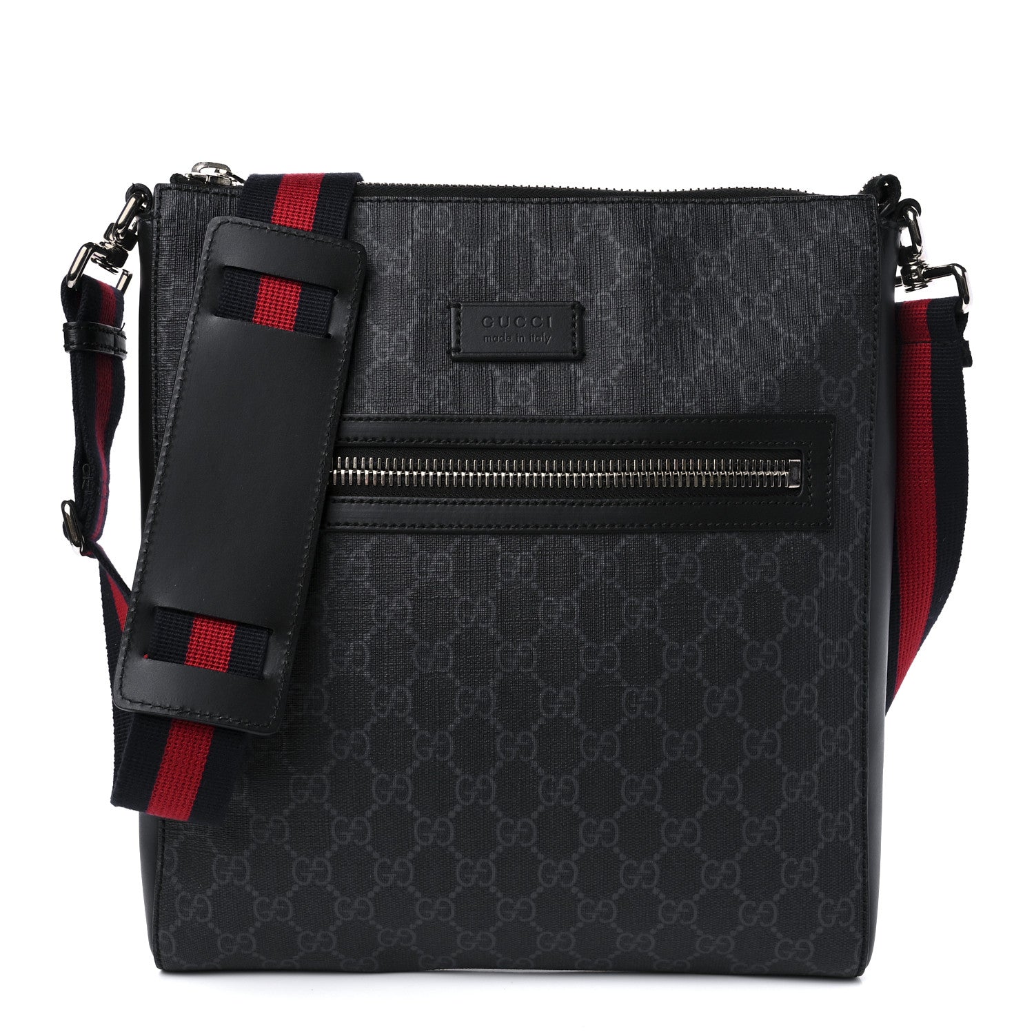Gucci GG Supreme Monogram Appia Calfskin Web Flat Messenger Bag Black Grey 1 of 11