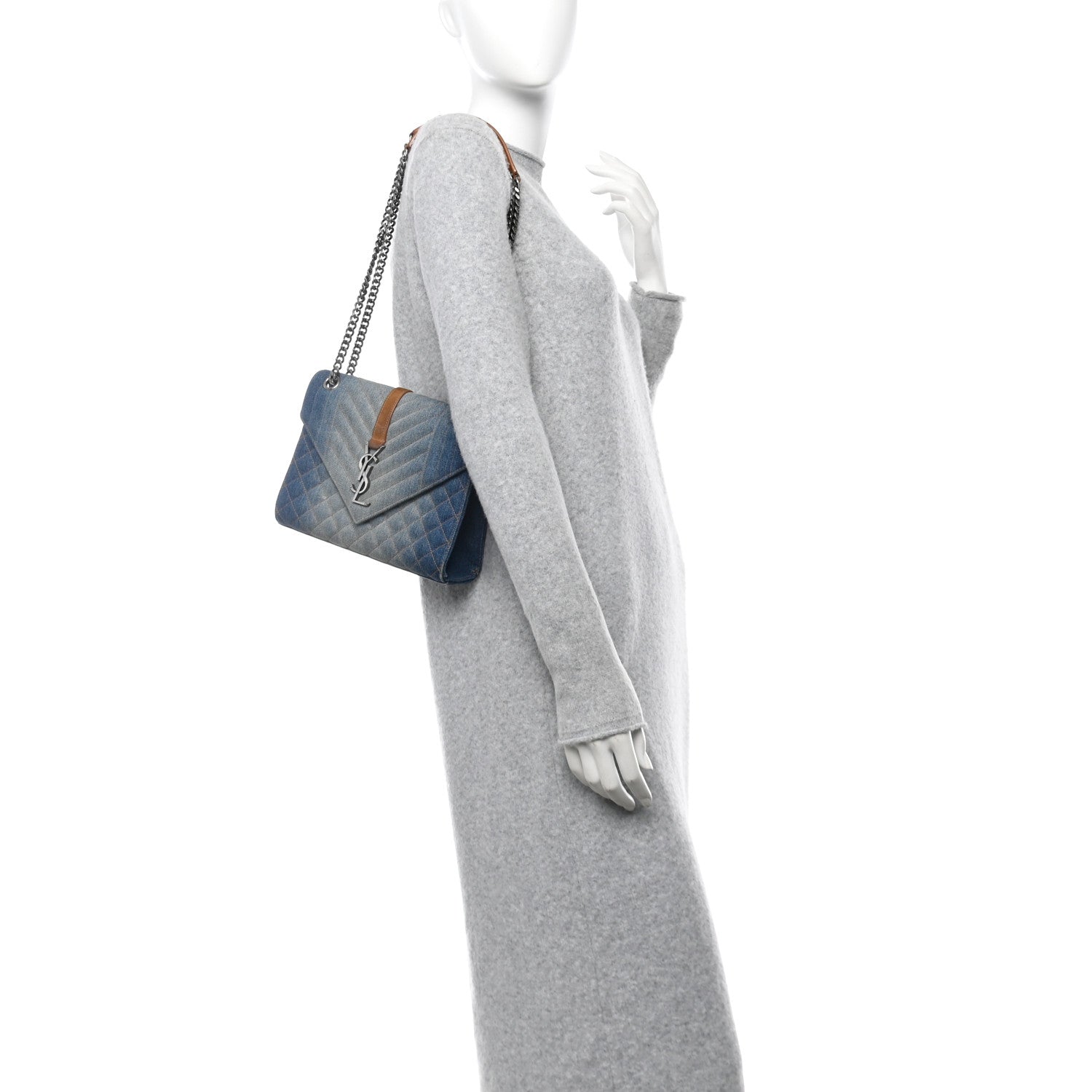 Saint Laurent Denim Mixed Matelasse Triquilt Medium Monogram Envelope Satchel Blue 2 of 11