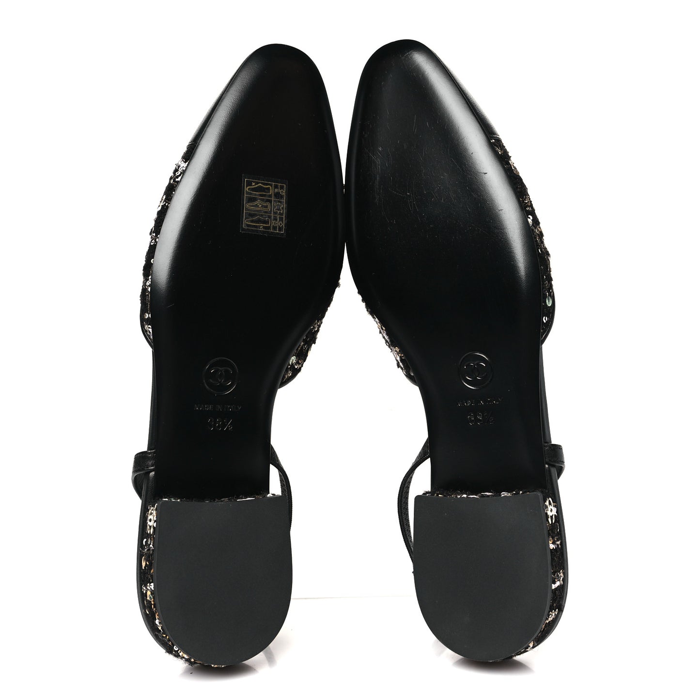 Tweed Sequins Cap Toe CC Slingback Flats 38.5 Black White Gold