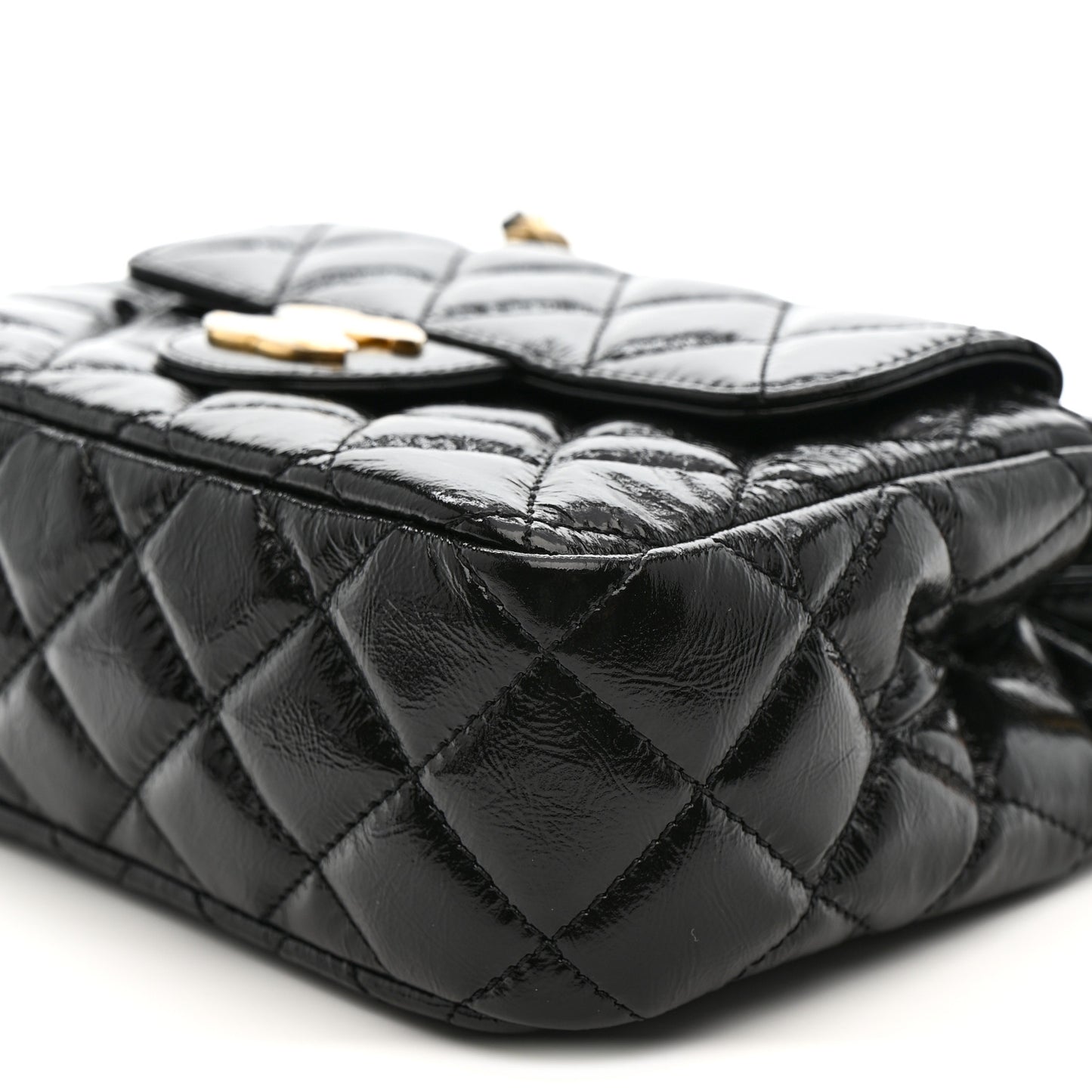 Shiny Crumpled Calfskin Quilted Small Wavy CC Hobo Black