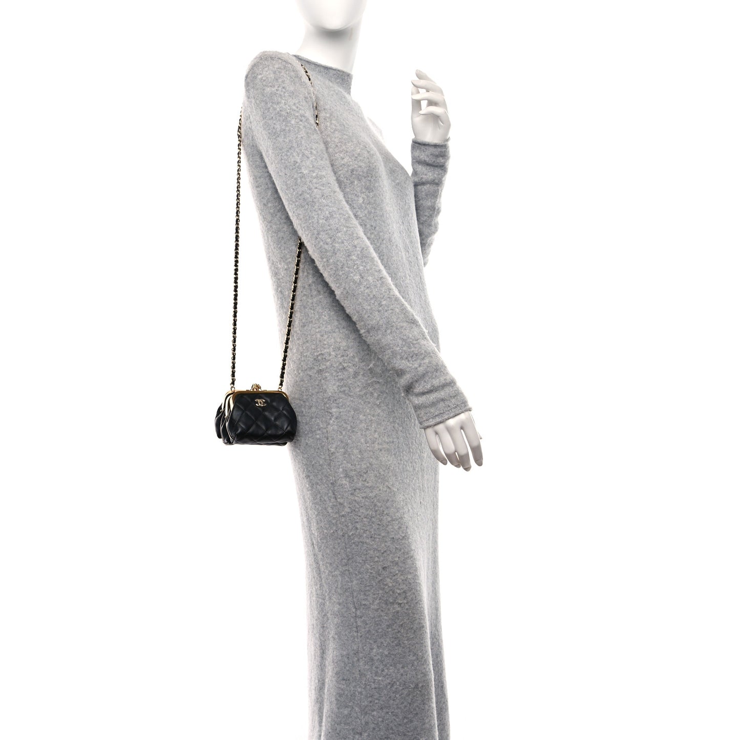 Lambskin Quilted Trio Kiss Lock Clutch With Chain Black