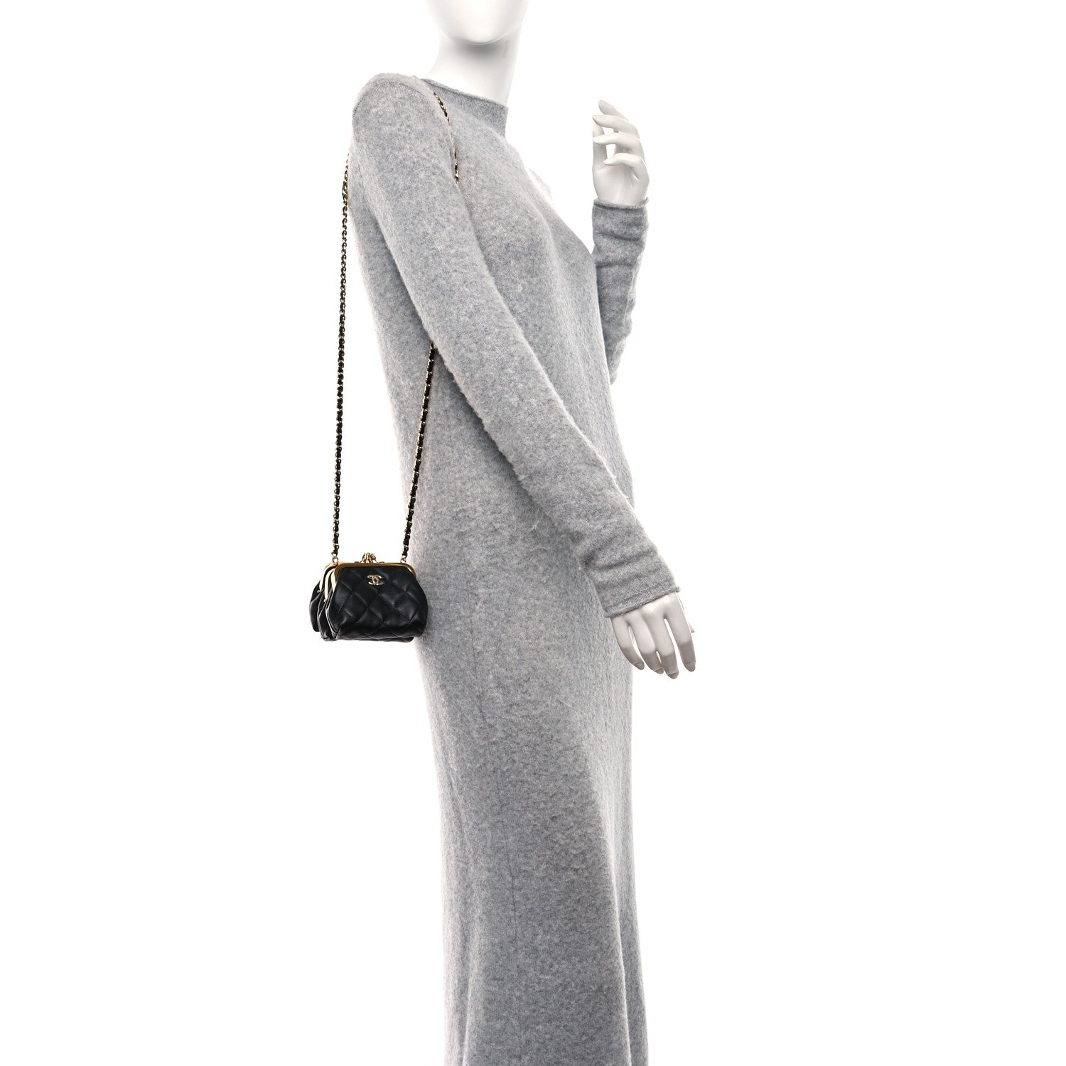 Chanel Lambskin Quilted Trio Kiss Lock Clutch With Chain Black 2 of 12