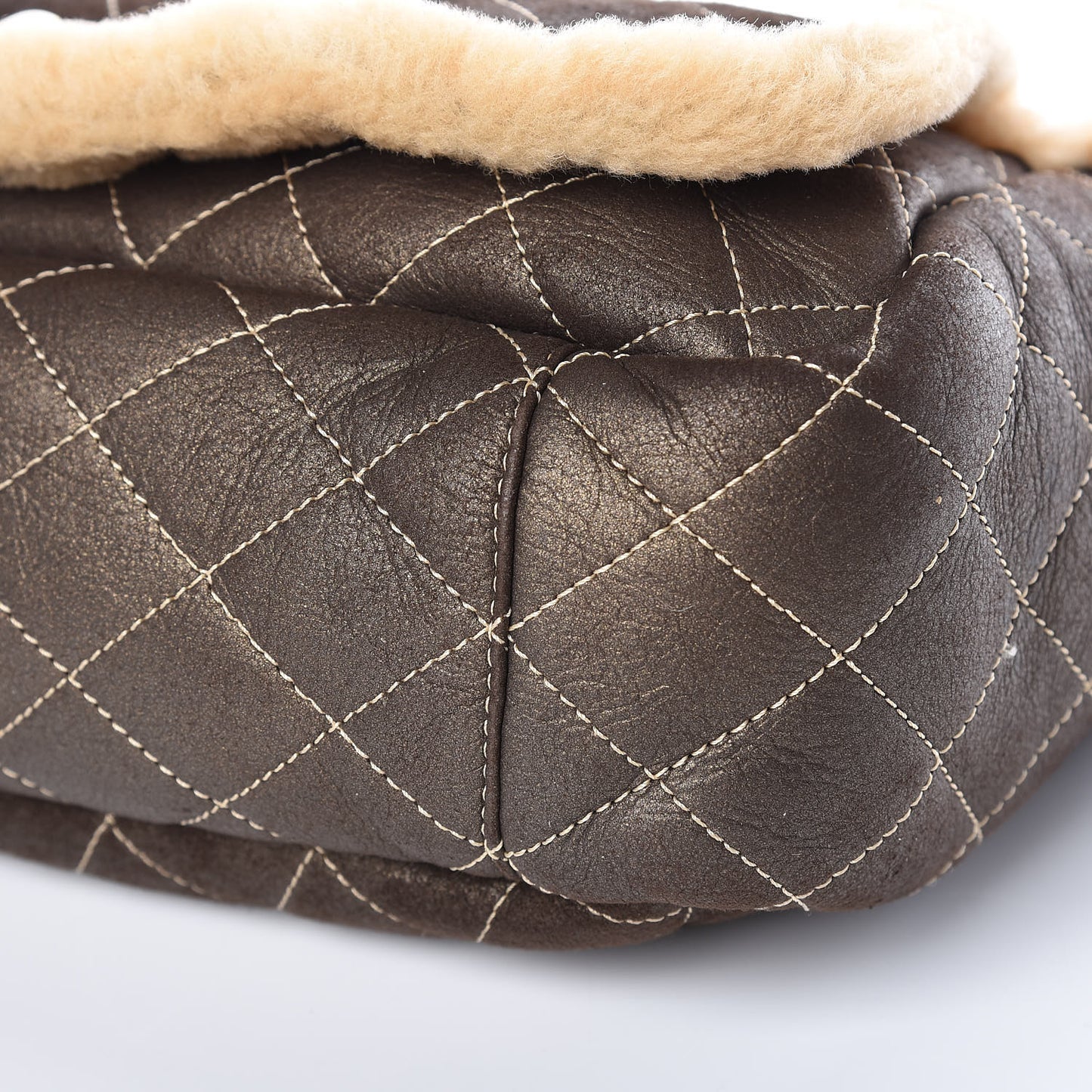 Shearling Suede Quilted Fur Flap Metallic Bronze