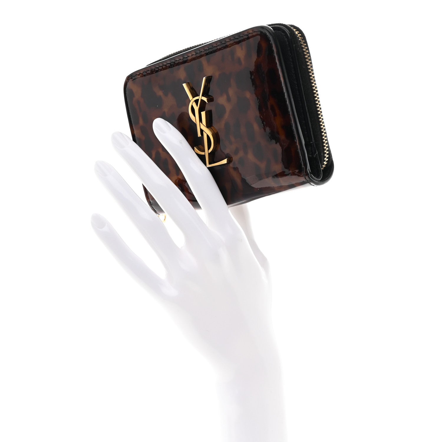 Saint Laurent Patent Tartarugato Monogram Compact Wallet Brown 2 of 8