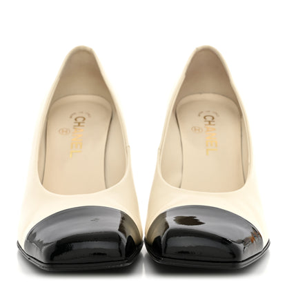 Chanel Lambskin Patent Calfskin Cap Toe Pumps 39.5 Ivory Black 3 of 13