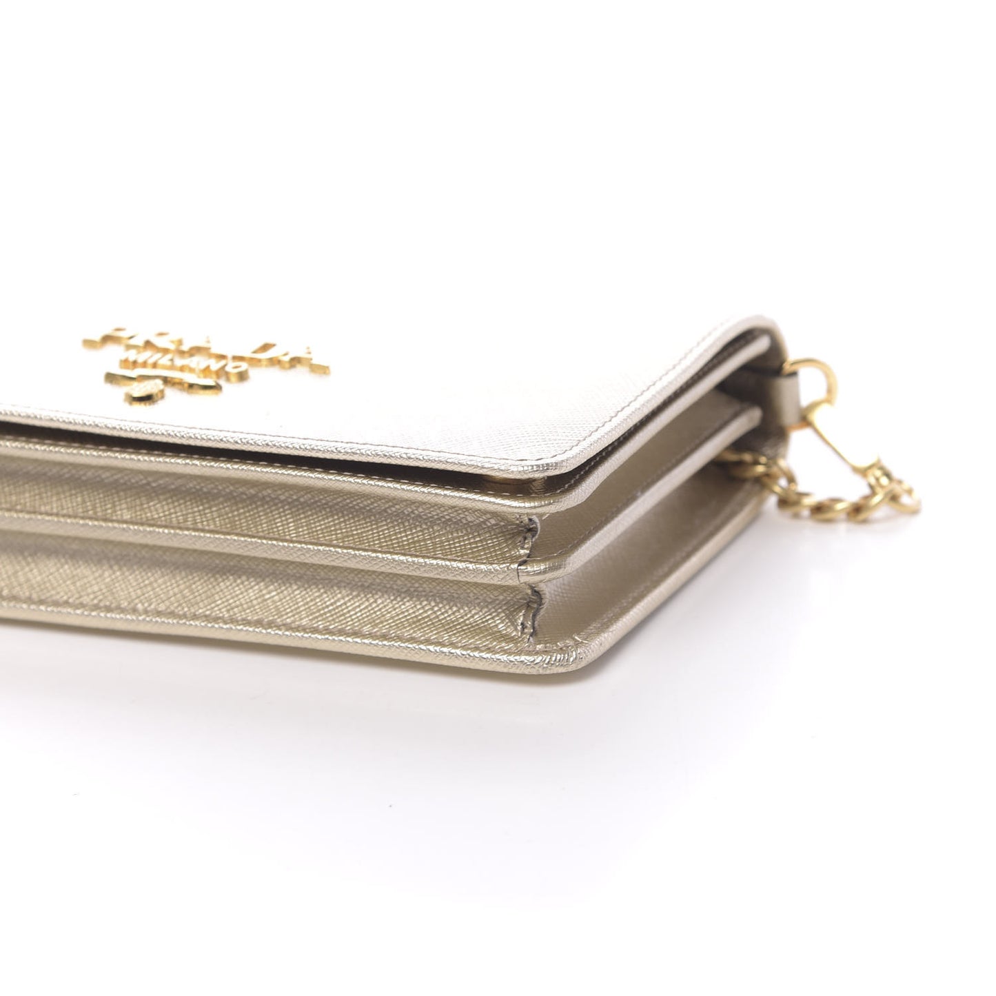 Metallic Saffiano Lux Chain Wallet Pirite