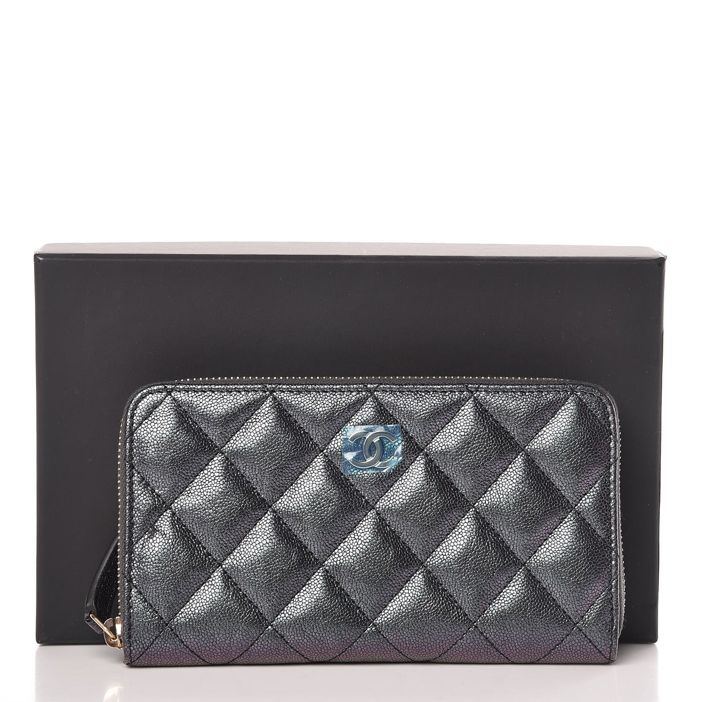 Iridescent Caviar Quilted Medium Zip Around Wallet Black