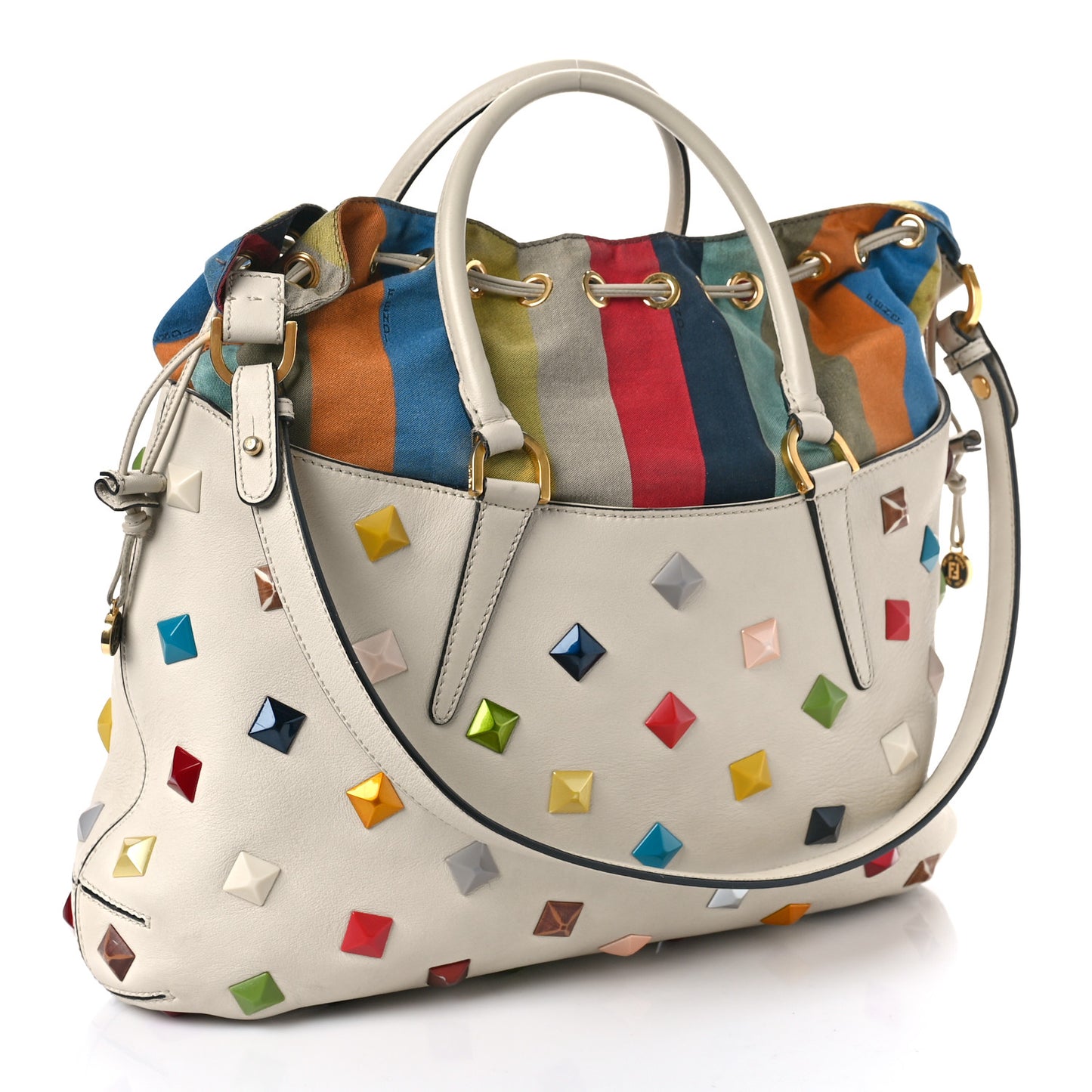 Calfskin Studded Medium B Fab Drawstring Tote Milk Multicolor