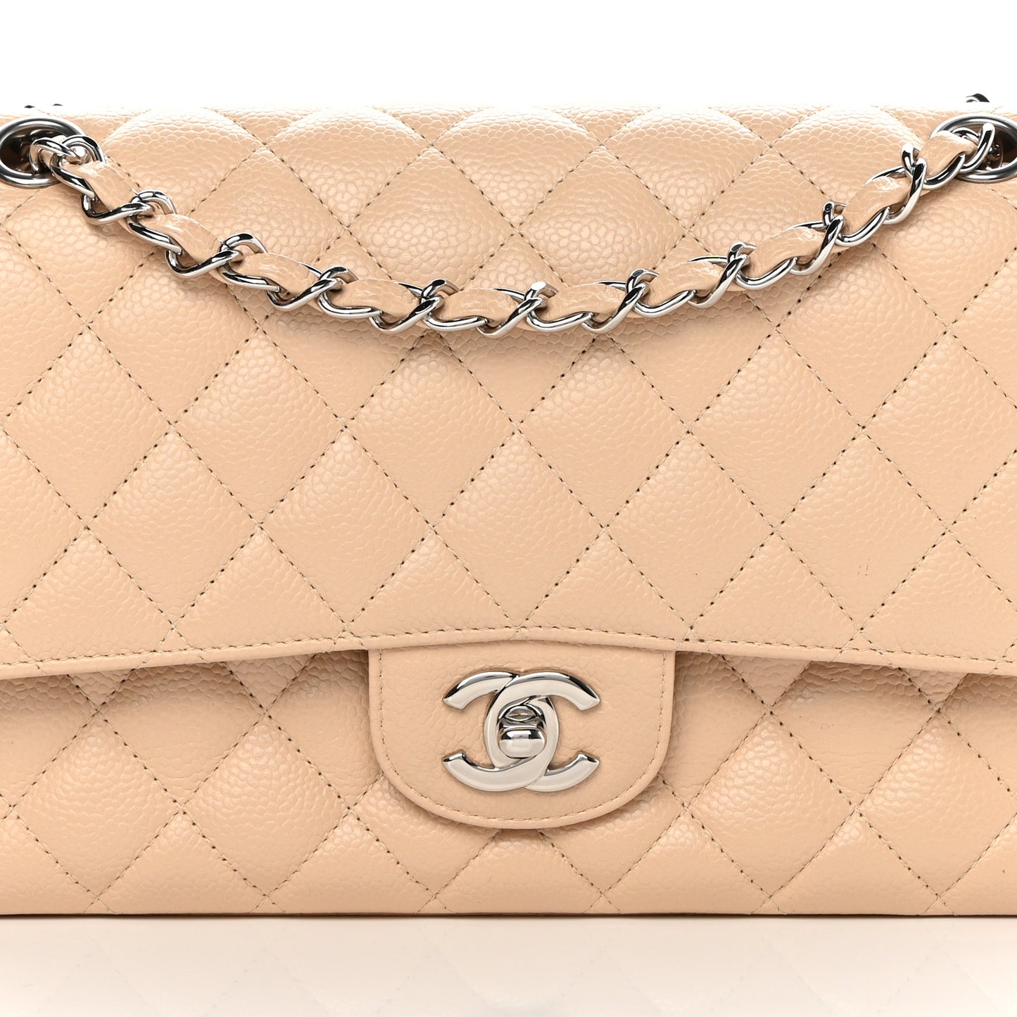 Caviar Quilted Medium Double Flap Beige
