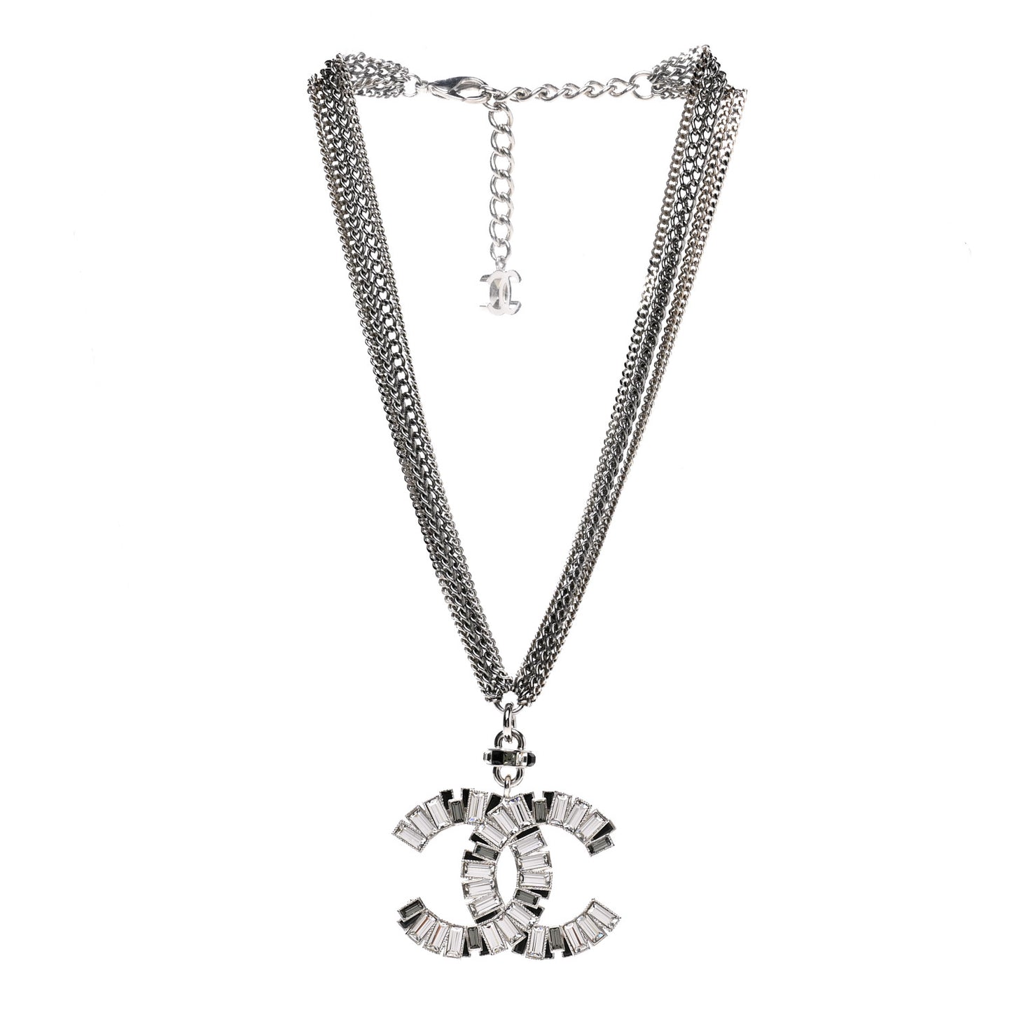 Baguette Crystal CC Multi Strand Pendant Necklace Silver