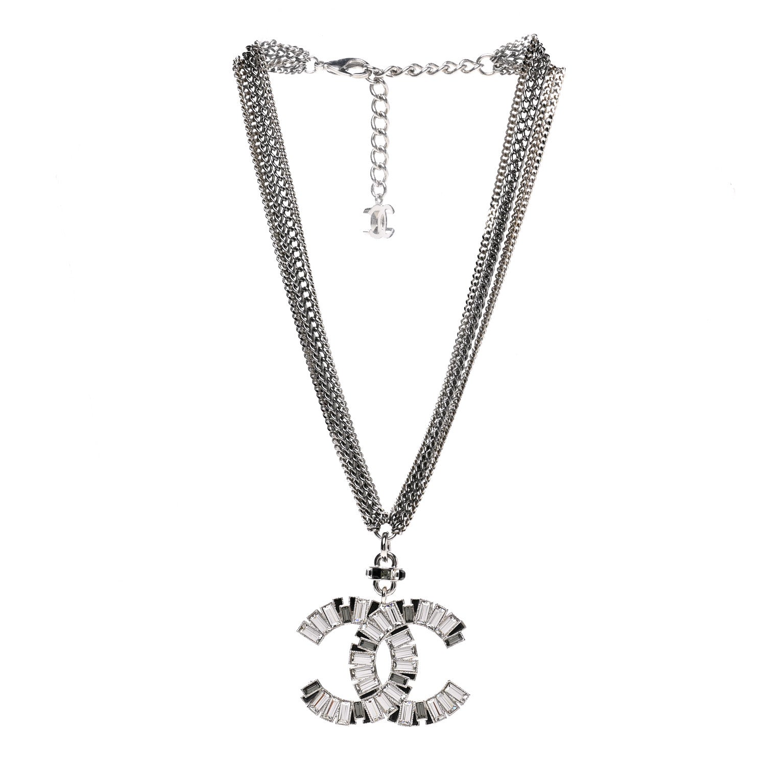 Chanel Baguette Crystal CC Multi Strand Pendant Necklace Silver 3 of 4