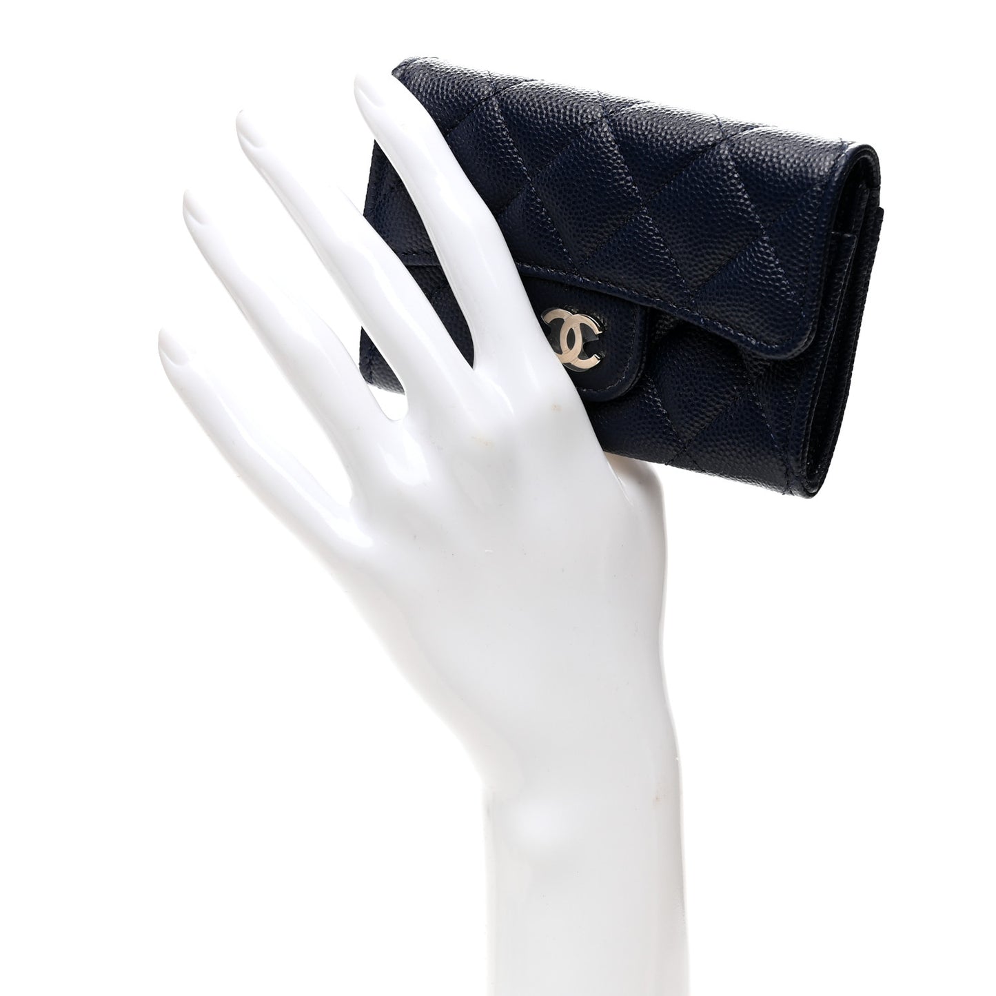 Caviar Quilted Flap Card Holder Wallet Navy Blue