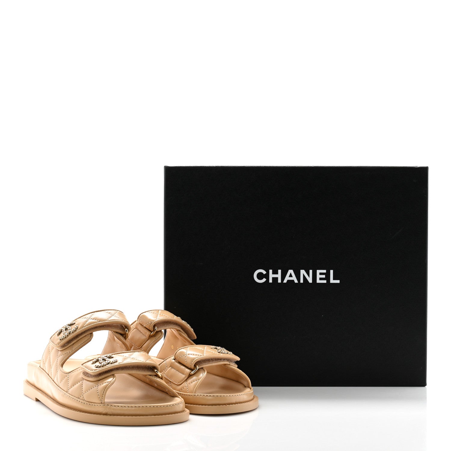 Chanel Lambskin Quilted Velcro Dad Chain CC Slide Sandals 37 Beige 9 of 9