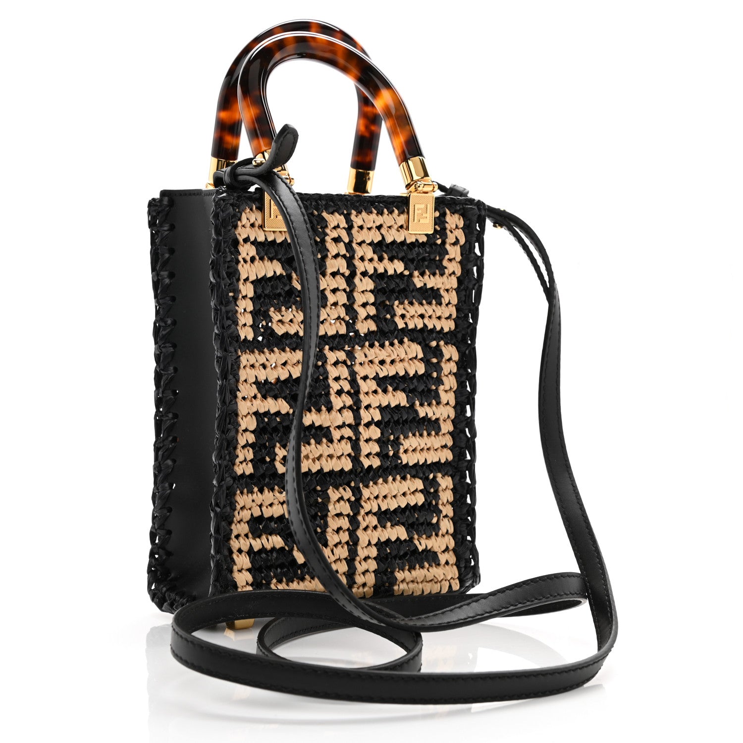 Fendi Raffia Plexiglass Crochet Mini Sunshine Shopper Tote Black