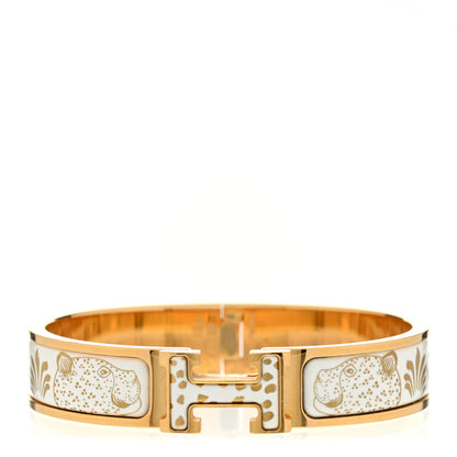 Hermes Enamel Printed Narrow Leopards Clic Clac H Bracelet PM Jaune Or White 1 of 4