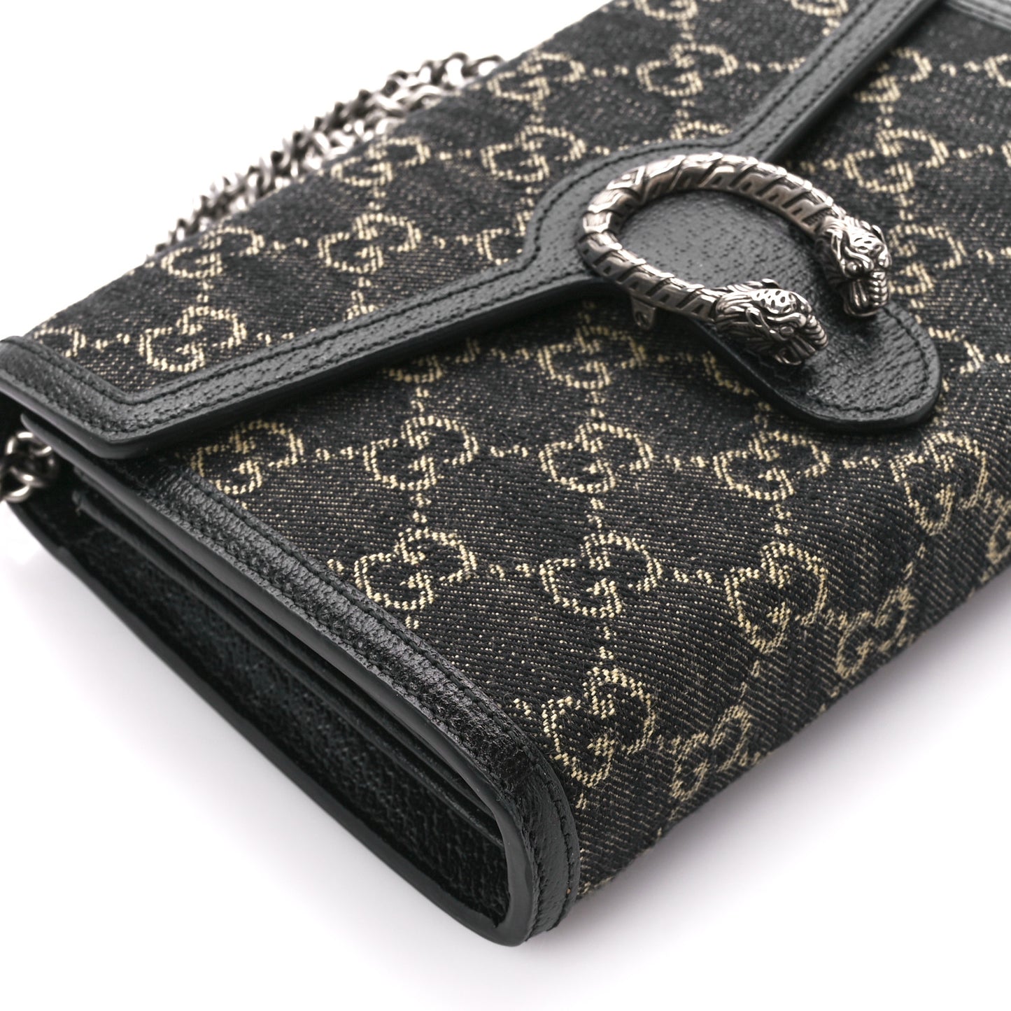 Jacquard Black Denim GG Monogram Mini Dionysus Chain Wallet Black Ivory