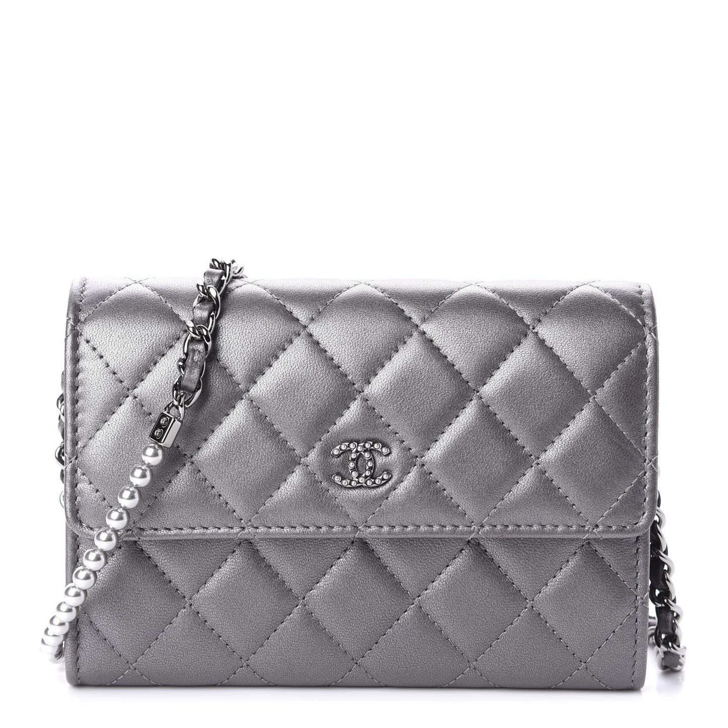 Lambskin Quilted Pearl My Shoulder Mini French Wallet On Chain WOC Silver