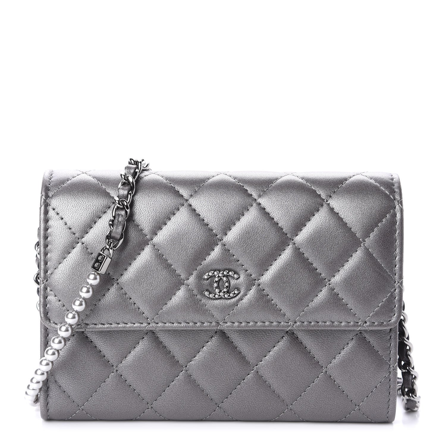 Chanel Lambskin Quilted Pearl My Shoulder Mini French Wallet On Chain WOC Silver 1 of 12